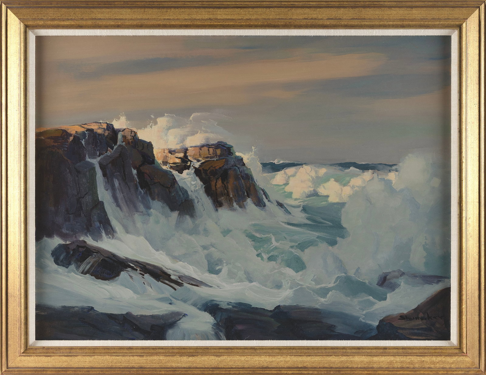 PHILIP G. SHUMAKER (Pennsylvania/Maine, 1921-1967), "Maine Surf"., Oil on board, 24" x 34". Framed: PHILIP G. SHUMAKER Pennsylvania/Maine, 1921-1967 "Maine Surf". Signed lower right "Shumaker". Oil on board, 24" x 34". Framed 28" x 37".