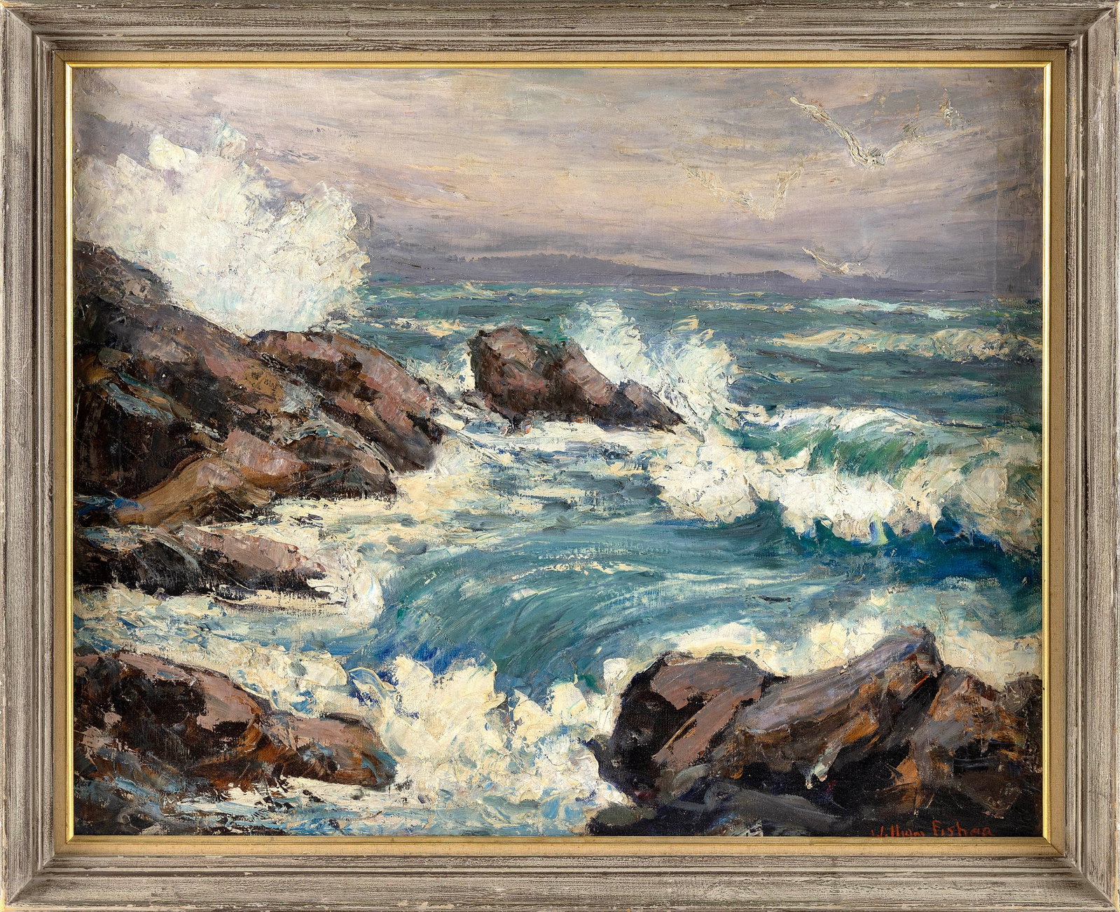 WILLIAM FISHER (New York/Maine, 1891-1985), Waves crashing on a rocky coast., Oil on canvas, 24" x (1 of 2)