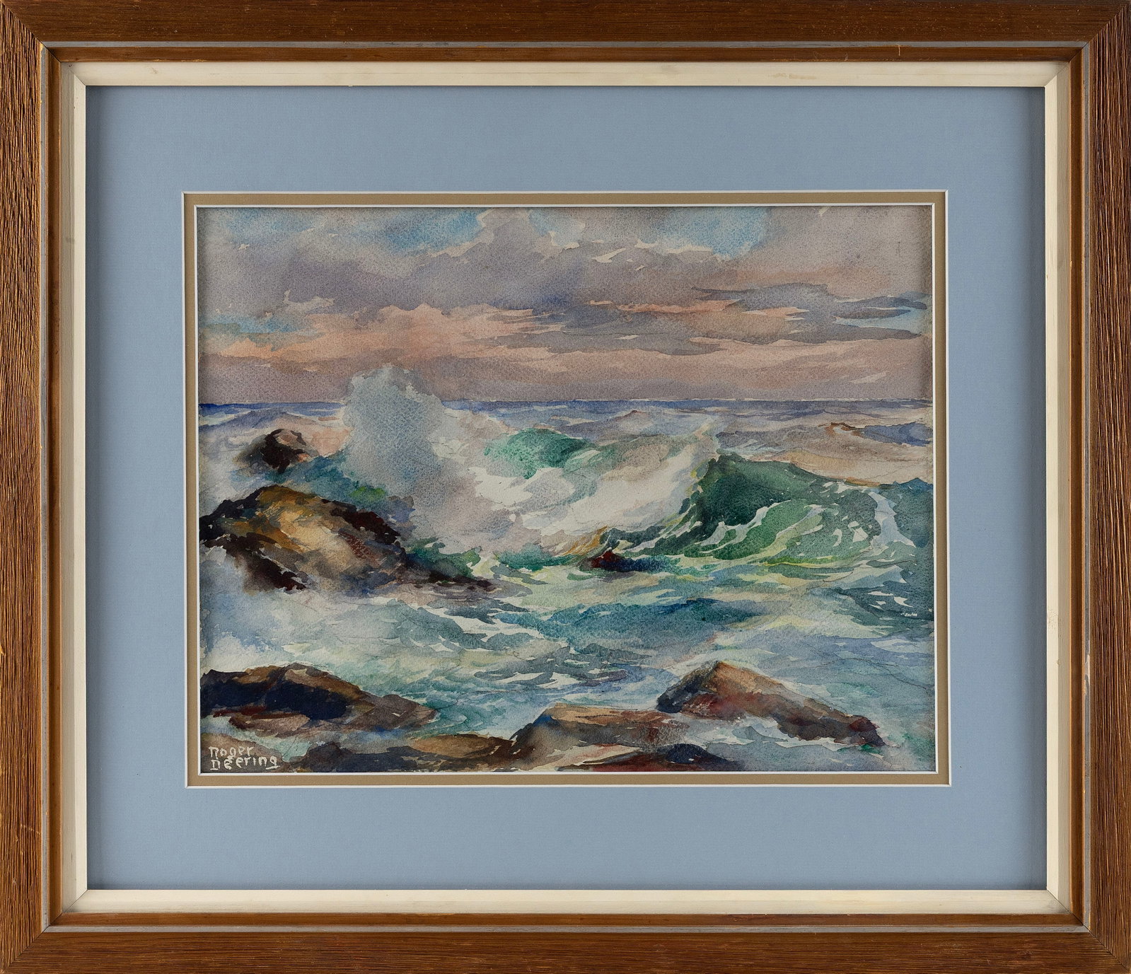 ROGER DEERING (Maine, 1904-1980), Surf, Kennebunk, Maine., Watercolor on paper, 13.5" x 18" sight.: ROGER DEERING Maine, 1904-1980 Surf, Kennebunk, Maine. Signed lower left "Roger Deering". Watercolor on paper, 13.5" x 18" sight. Framed 23.5" x 28".