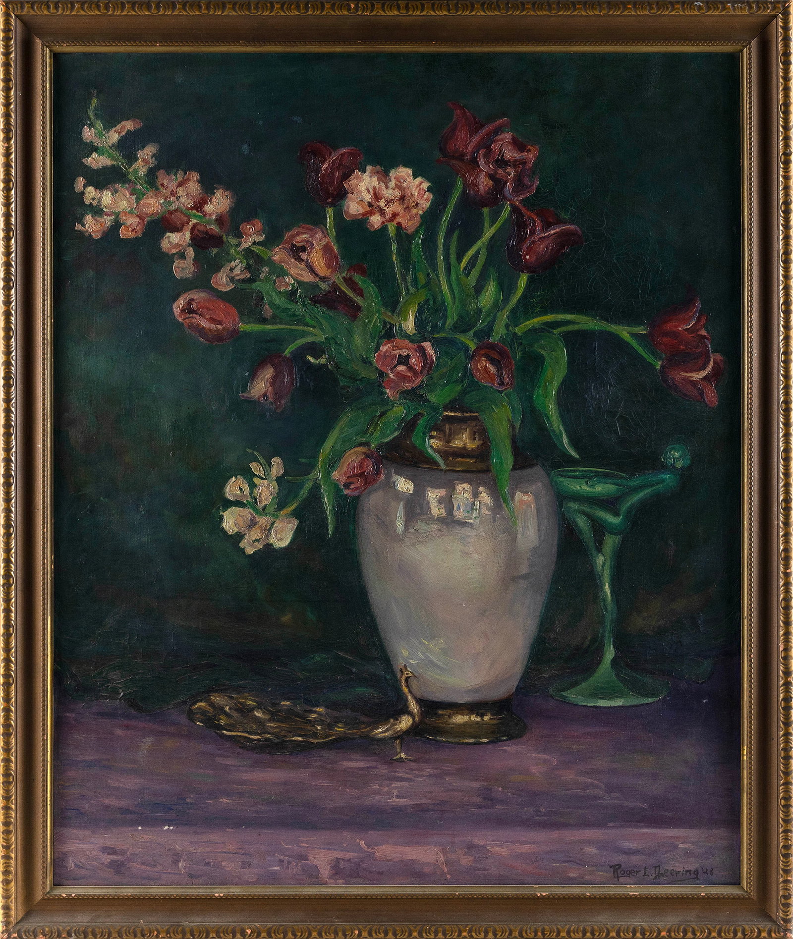 ROGER DEERING (Maine, 1904-1980), Still life of a vase of flowers and statuettes., Oil on canvas, (1 of 2)