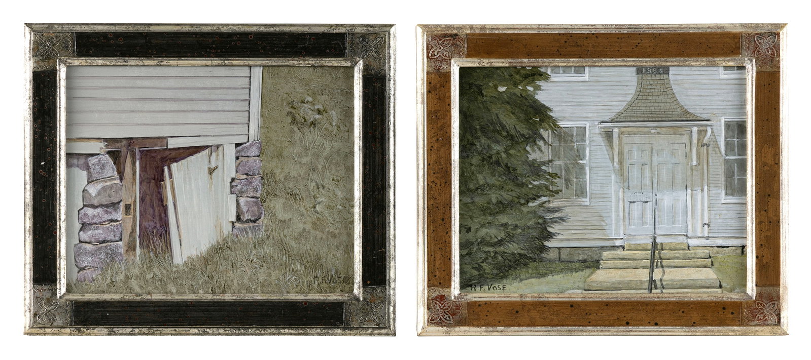 ROBERT VOSE (Maine, 1921-2003), Pair of house exterior views., Acrylics on masonite, 7.5" x 9.5".: ROBERT VOSE Maine, 1921-2003 Pair of house exterior views. Signed lower right "R.F. Vose". Acrylics on masonite, 7.5" x 9.5". Framed 10.25" x 12.25".