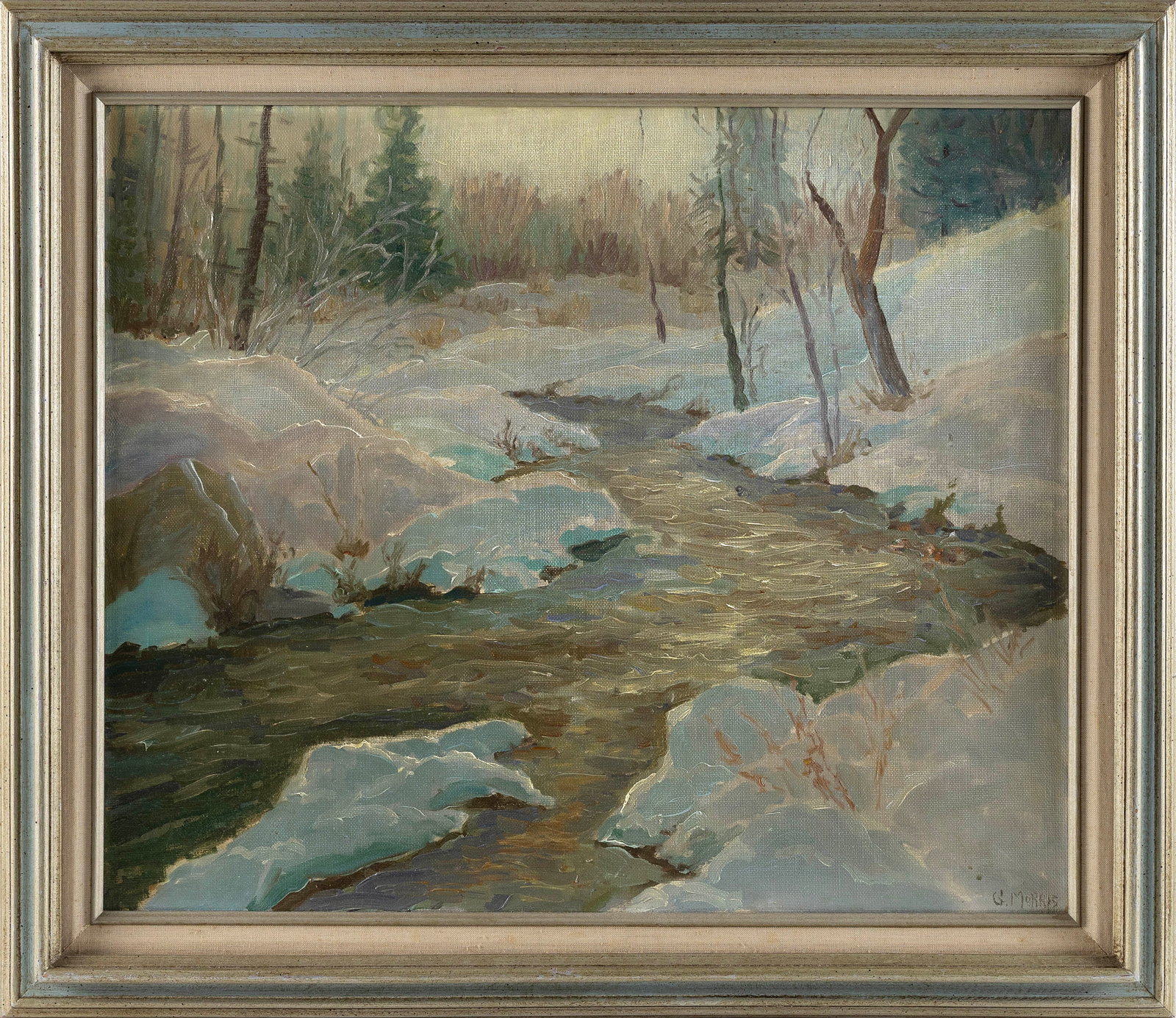 GEORGE L. MORRIS (Maine, 1890-1983), Winter scene with brook., Oil on canvas, 20" x 24". Framed 25" (1 of 2)