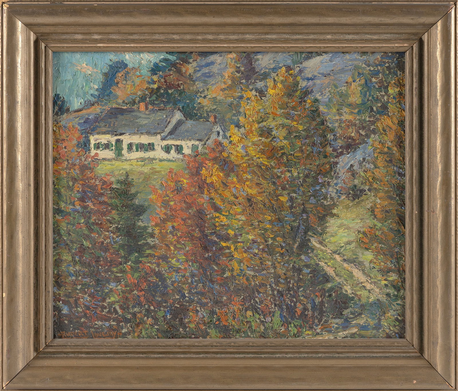 RUPERT SCOTT LOVEJOY (Maine, 1885-1975), Maine house in the fall., Oil on board, 11.75" x 14".: RUPERT SCOTT LOVEJOY Maine, 1885-1975 Maine house in the fall. Signed lower left "Rupert Lovejoy". Oil on board, 11.75" x 14". Framed 15" x 17.5".