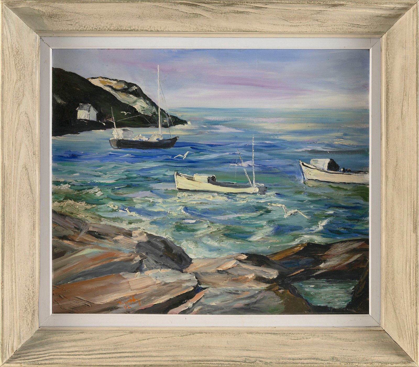 AMERICAN SCHOOL (20th Century,), Rocky coastline with boats in the distance, likely Monhegan Island, (1 of 2)