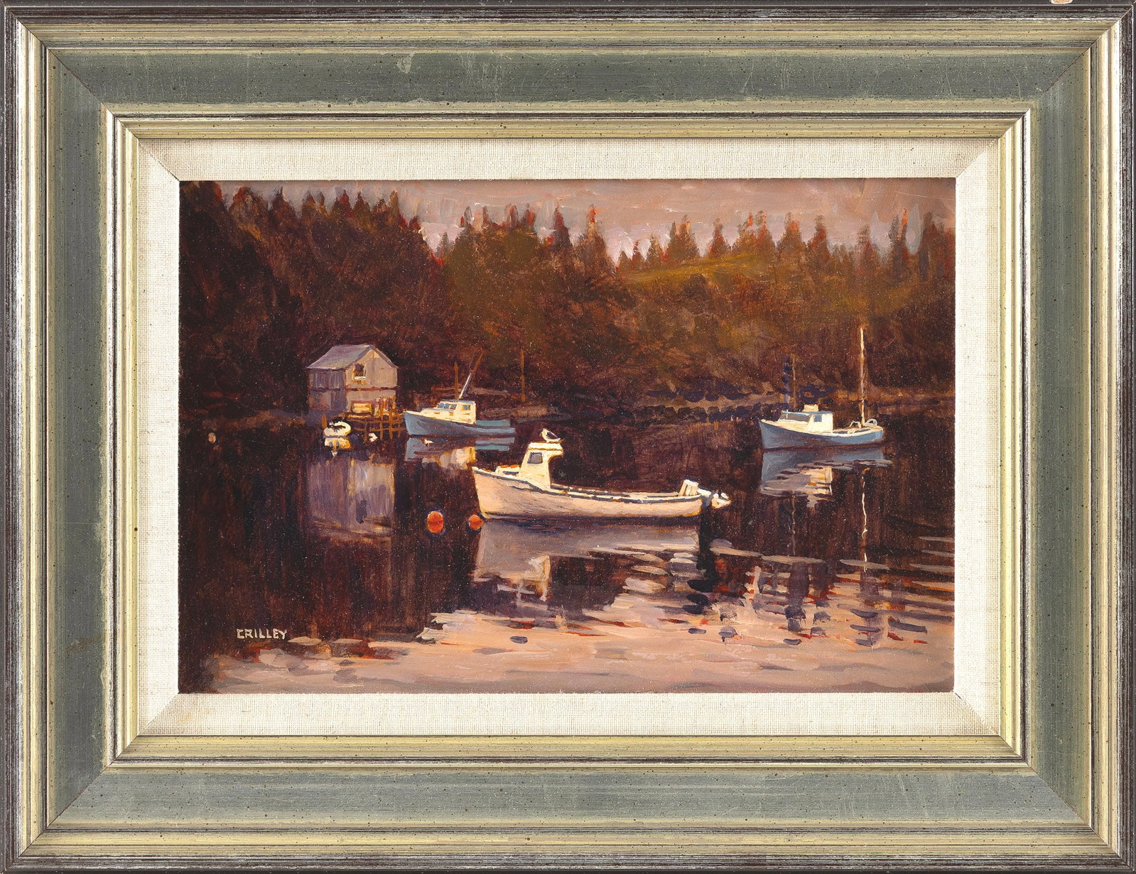 JOSEPH JAMES CRILLEY (Pennsylvania, 1920-2008), "White Boat - Boutiliers Cove", Nova Scotia., Oil on (1 of 1)