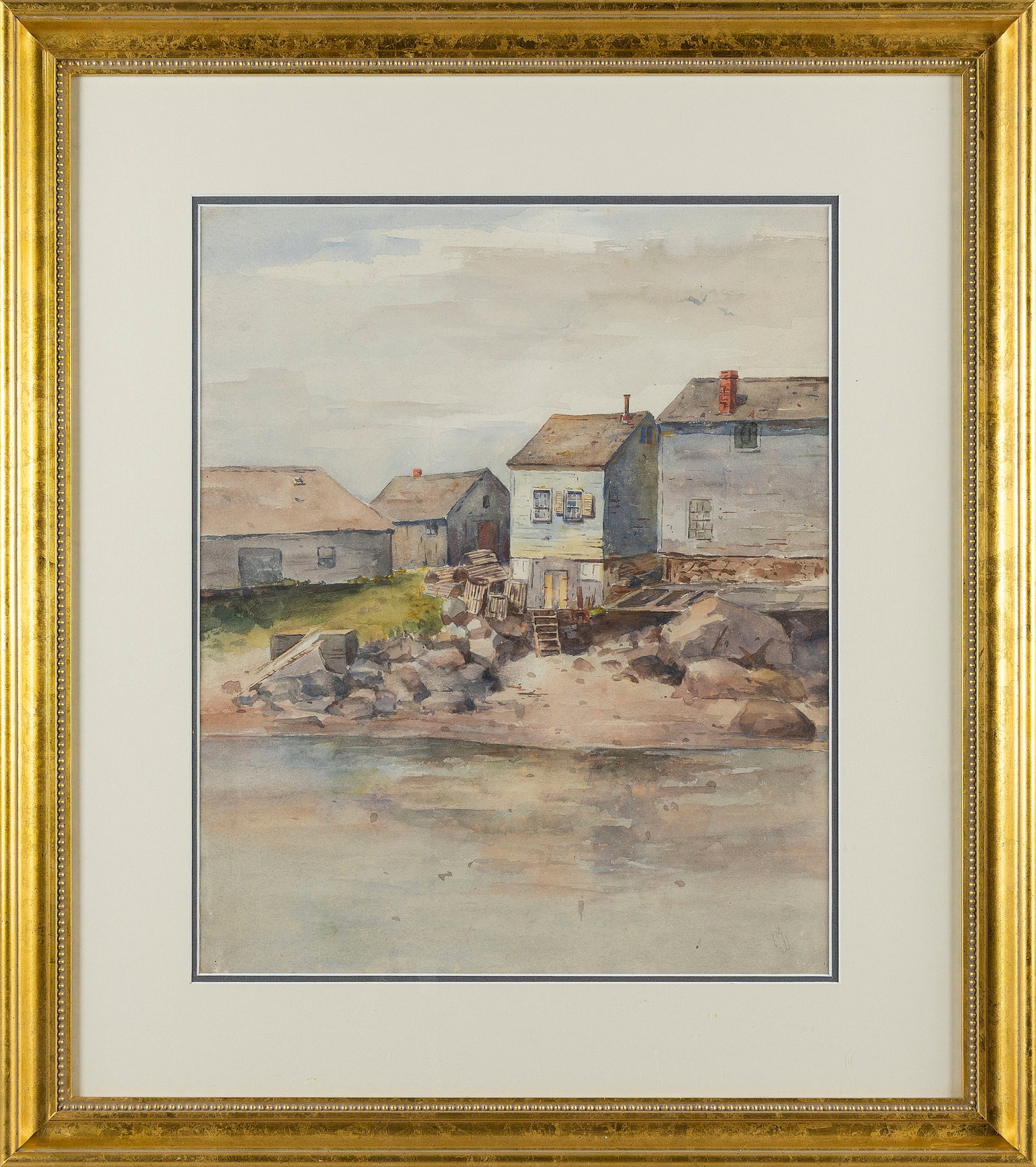 AMERICAN SCHOOL (20th Century,), Fishing shacks., Watercolor on paper, 17" x 13.5" sight. Framed 26" (1 of 1)