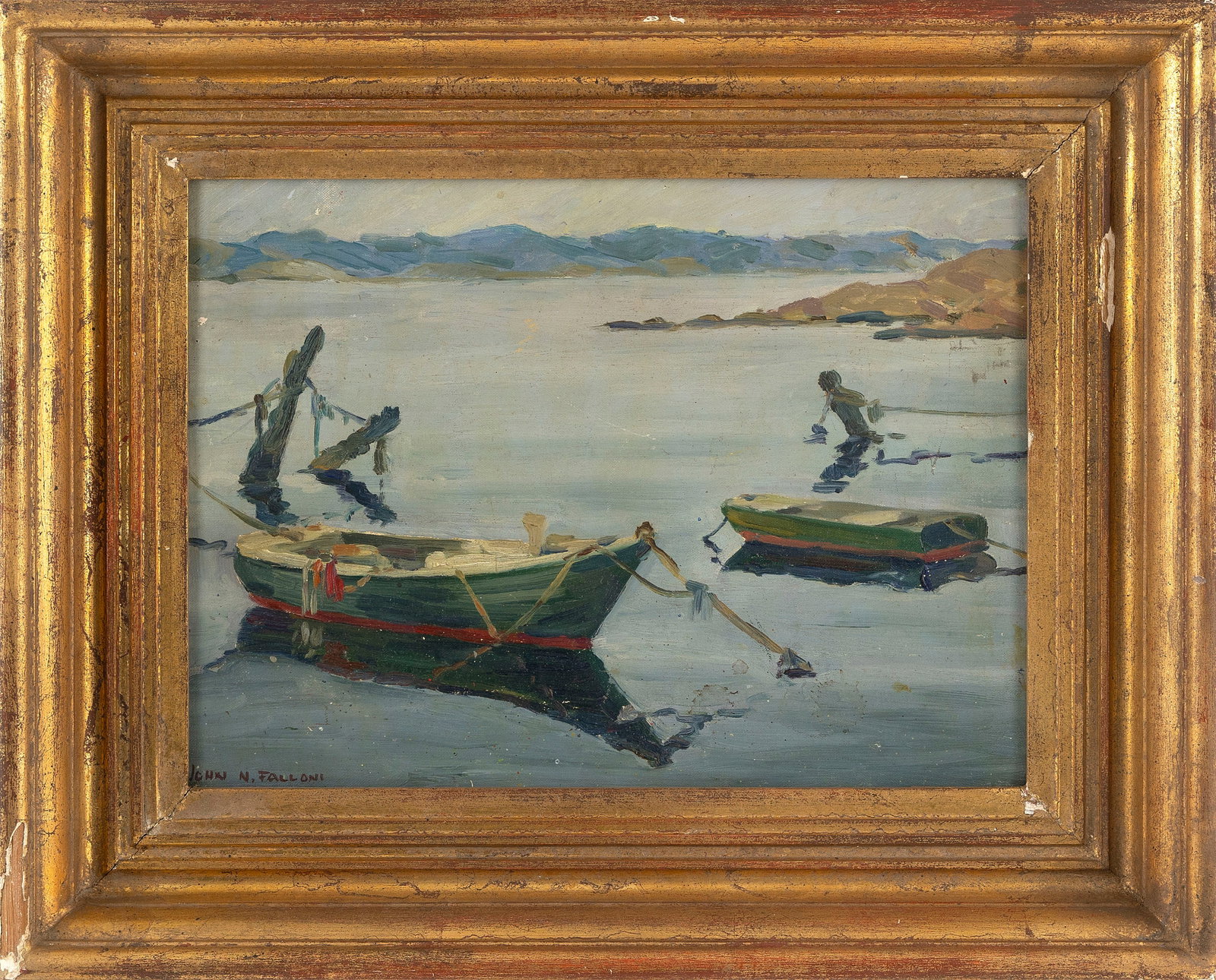 JOHN M. FALLONI (America, 20th Century), Dories., Oil on board, 12" x 16". Framed 18" x 22". (1 of 2)