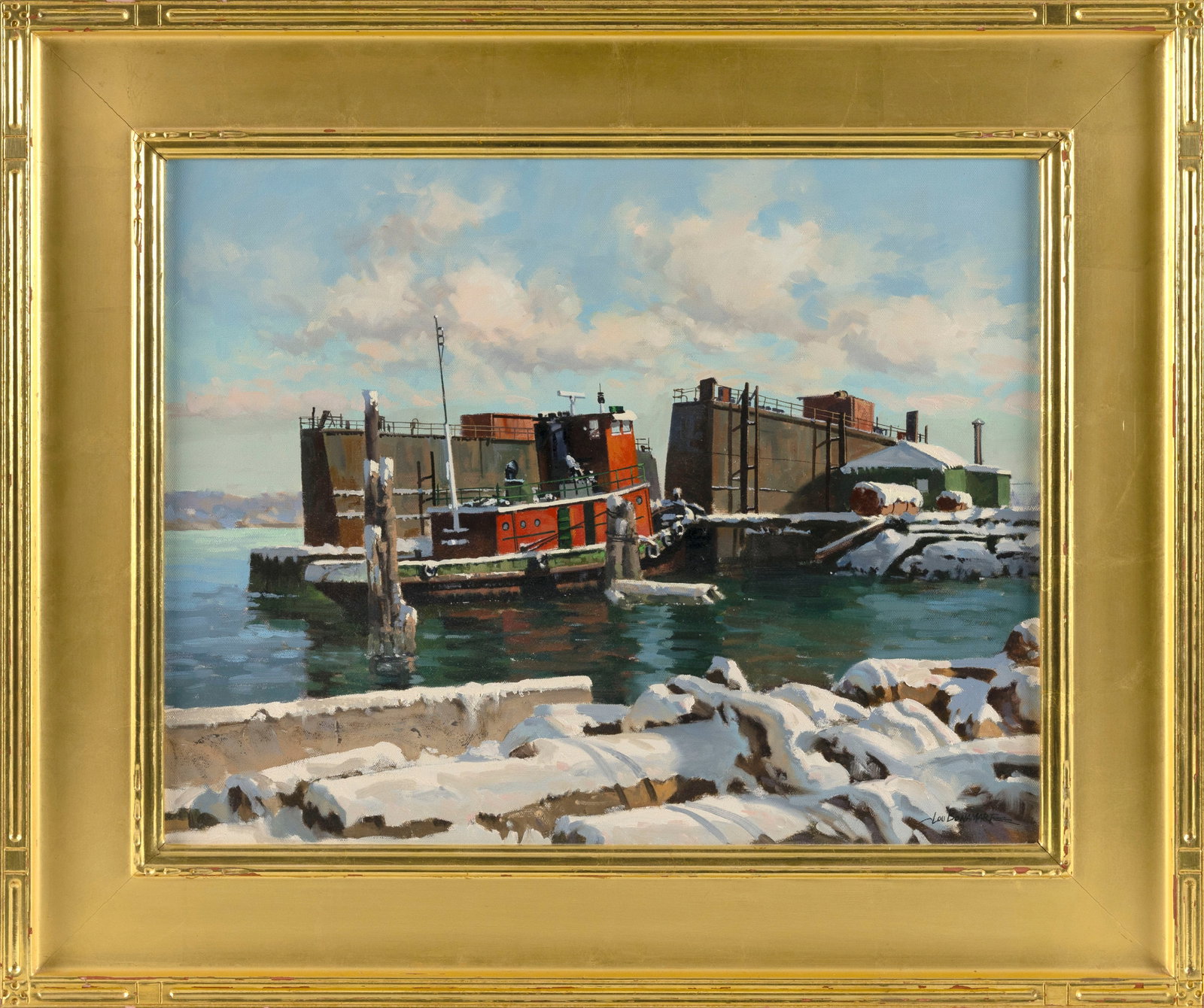 LOU BONAMARTE (Connecticut, 1933-2020), "Winter Shipyard"., Oil on canvas, 16" x 20". Framed 22.75" (1 of 2)