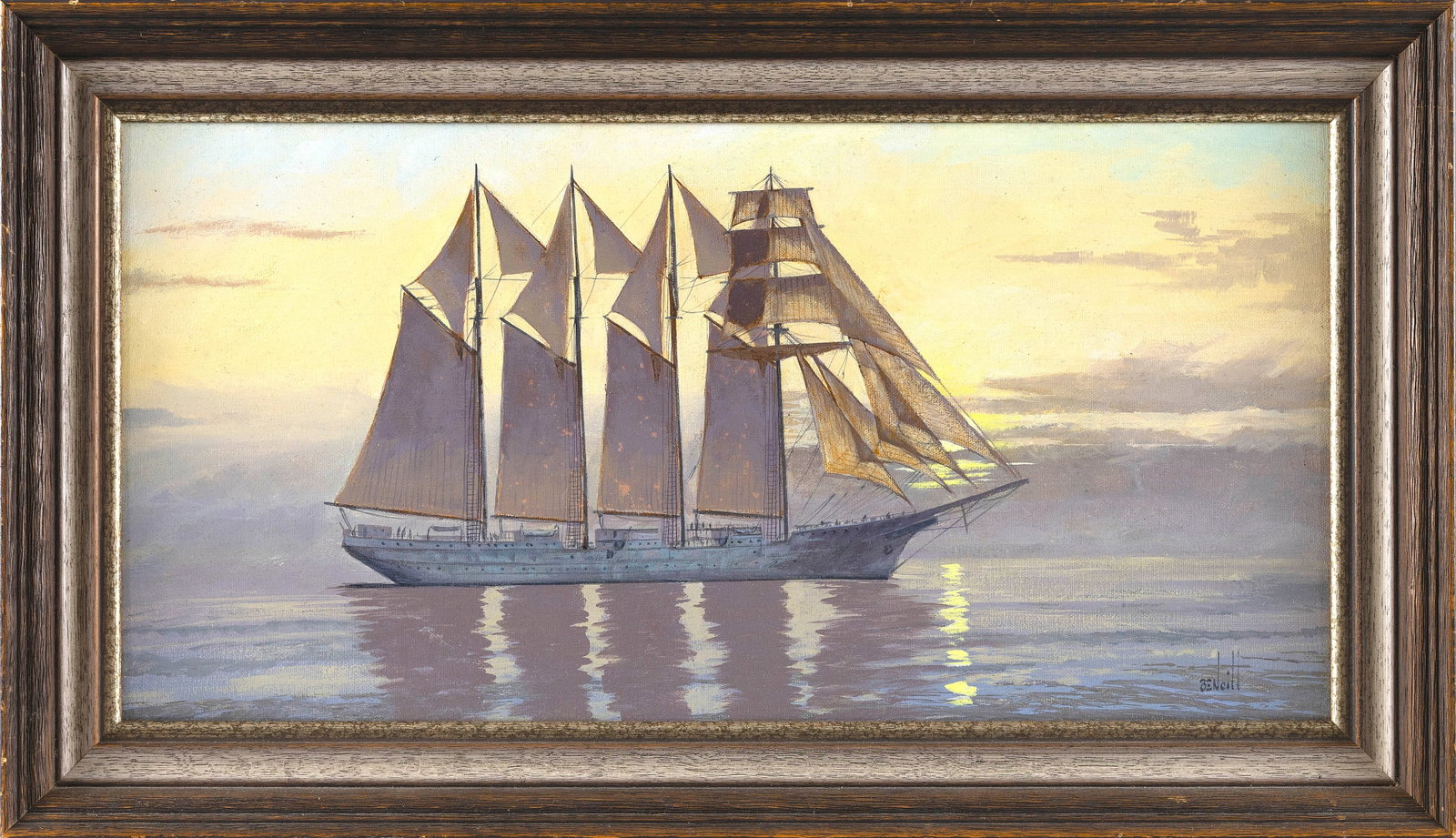 BEN NEILL (Massachusetts, 1914-2001), "Juan Sebastian de Elcano at Sunset"., Oil on canvas, 12" x: BEN NEILL Massachusetts, 1914-2001 "Juan Sebastian de Elcano at Sunset". Signed lower right "BeNeill". Titled verso. Oil on canvas, 12" x 24". Framed 16" x 28".