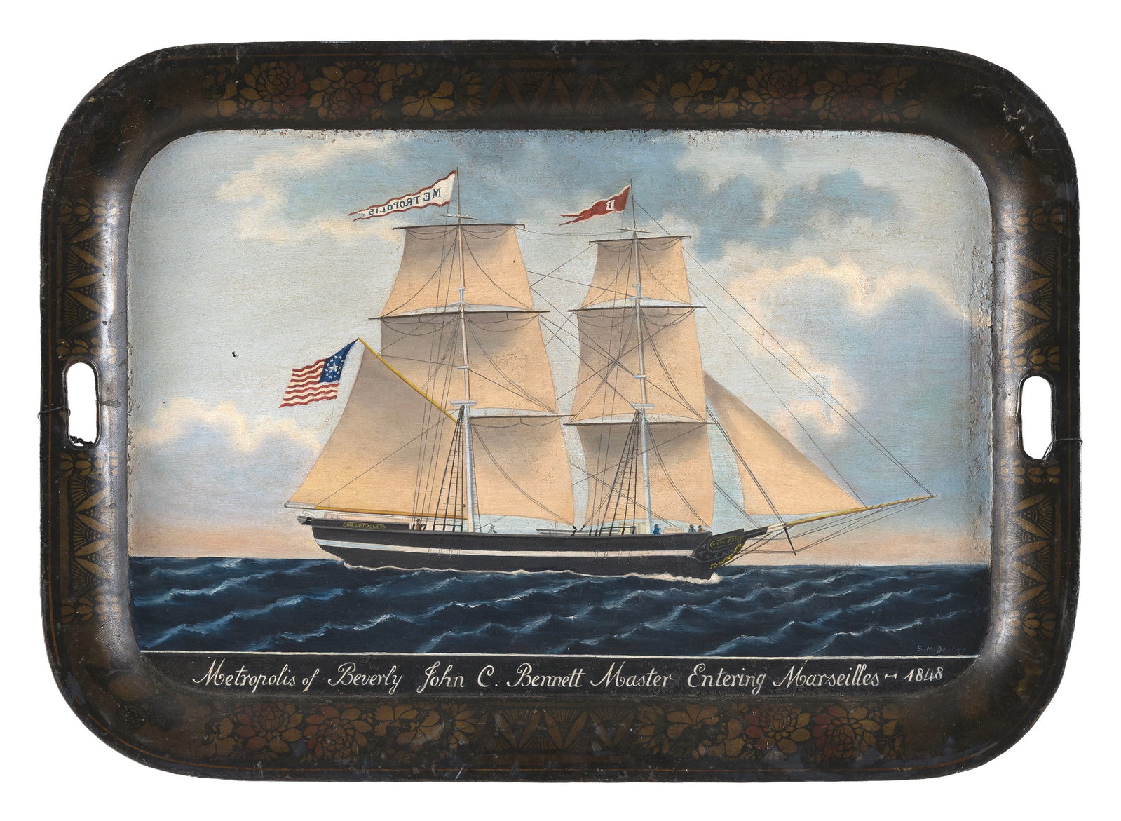 PAINTED TIN TRAY WITH SHIP PORTRAIT 20th Century 19" x 26". (1 of 2)