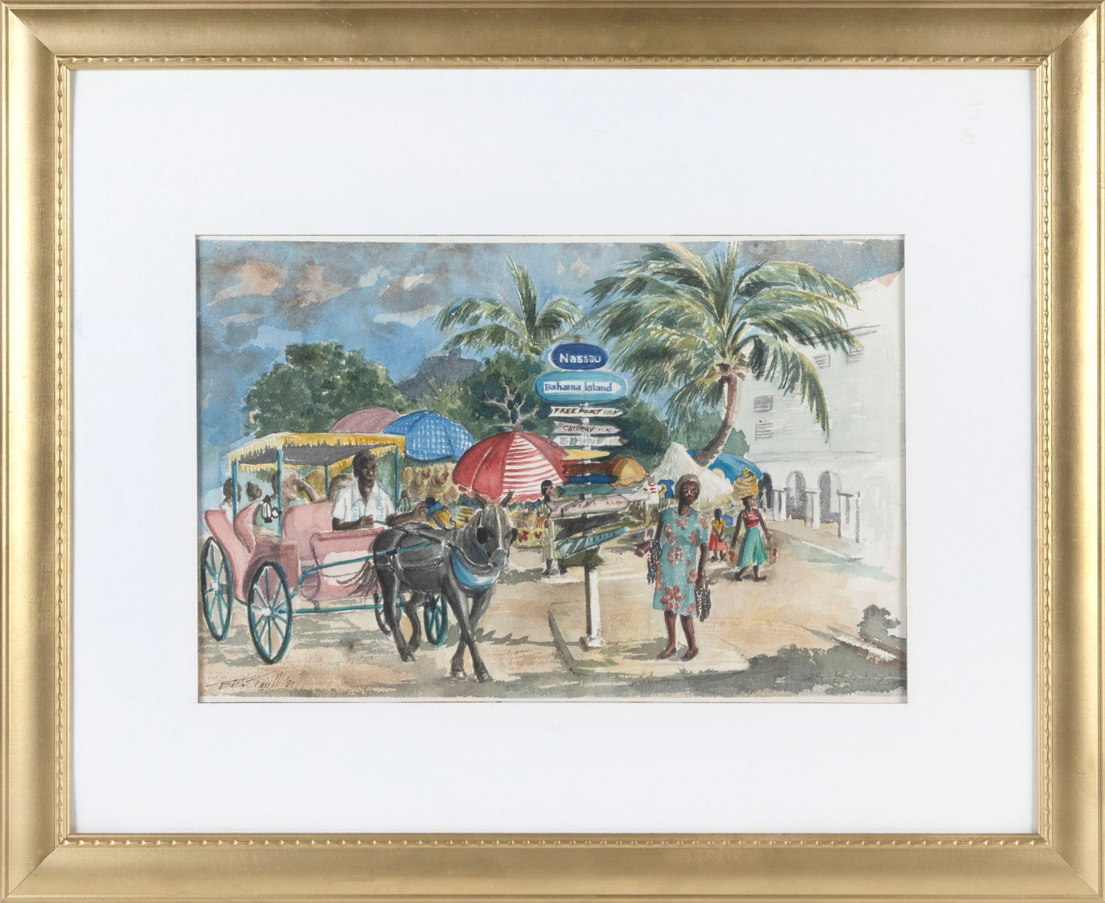 BAHAMIAN SCHOOL (Late 20th Century,), Nassau street scene., Watercolor on paper, 13" x 20" sight.: BAHAMIAN SCHOOL Late 20th Century Nassau street scene. Signed and dated lower left "Bela Paull 1981". Inscribed verso "Painted April 1981, Nassau, Bahamas with Don Kingman Workshop". Watercolor on pap