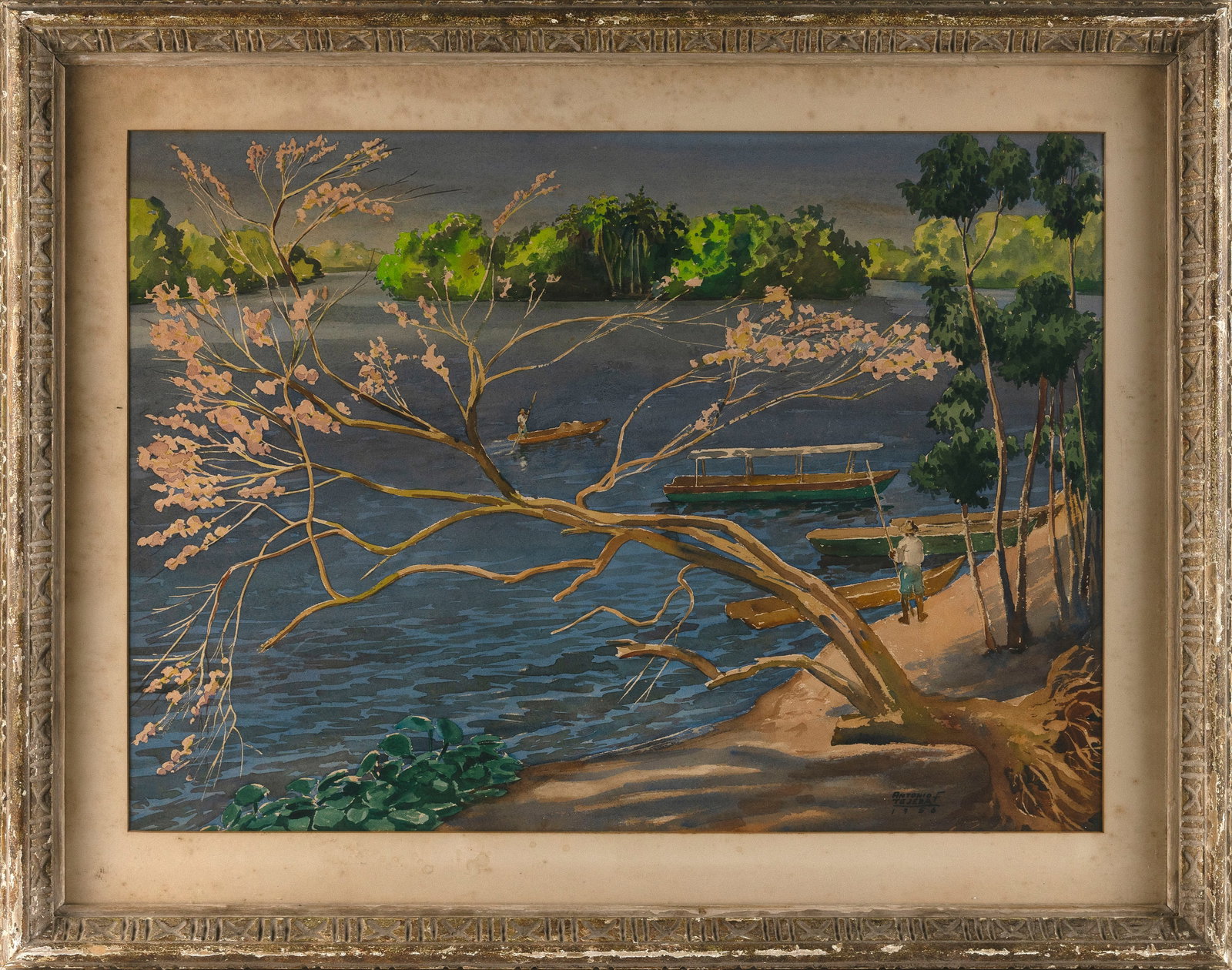 ANTONIO TEJADA FONSECA (Guatemala, 1908-1966), Fishermen on a river., Watercolor, 20" x 28" sight.: ANTONIO TEJADA FONSECA Guatemala, 1908-1966 Fishermen on a river. Signed and dated lower right "Antonio Tejeda F. 1956". Watercolor, 20" x 28" sight. Framed 27" x 34".