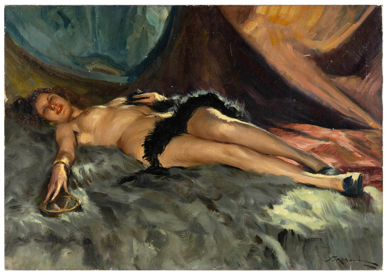 RICHARD DURANDO-TOGO (Argentina, 1910-), Reclining nude., Oil on canvas, 25" x 36". Unframed.: RICHARD DURANDO-TOGO Argentina, 1910- Reclining nude. Signed lower right "D.T Richard". Oil on canvas, 25" x 36". Unframed.