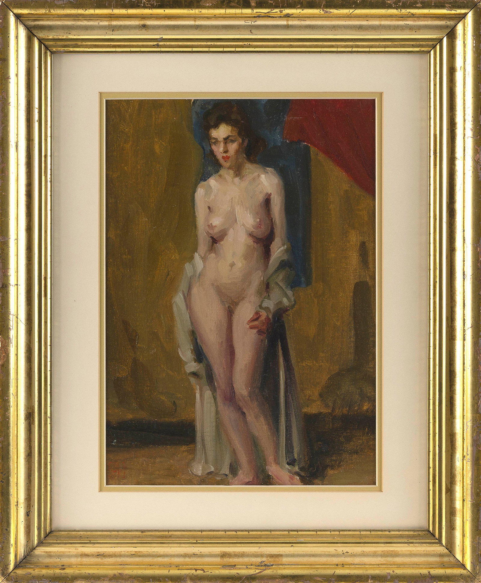 DAVID WU JECT-KEY (China/New York/Canada, 1890-1968), Standing nude., Oil on board, 14.5" x 10.25": DAVID WU JECT-KEY China/New York/Canada, 1890-1968 Standing nude. Monogrammed lower left. Oil on board, 14.5" x 10.25" sight. Framed 23" x 18.5".