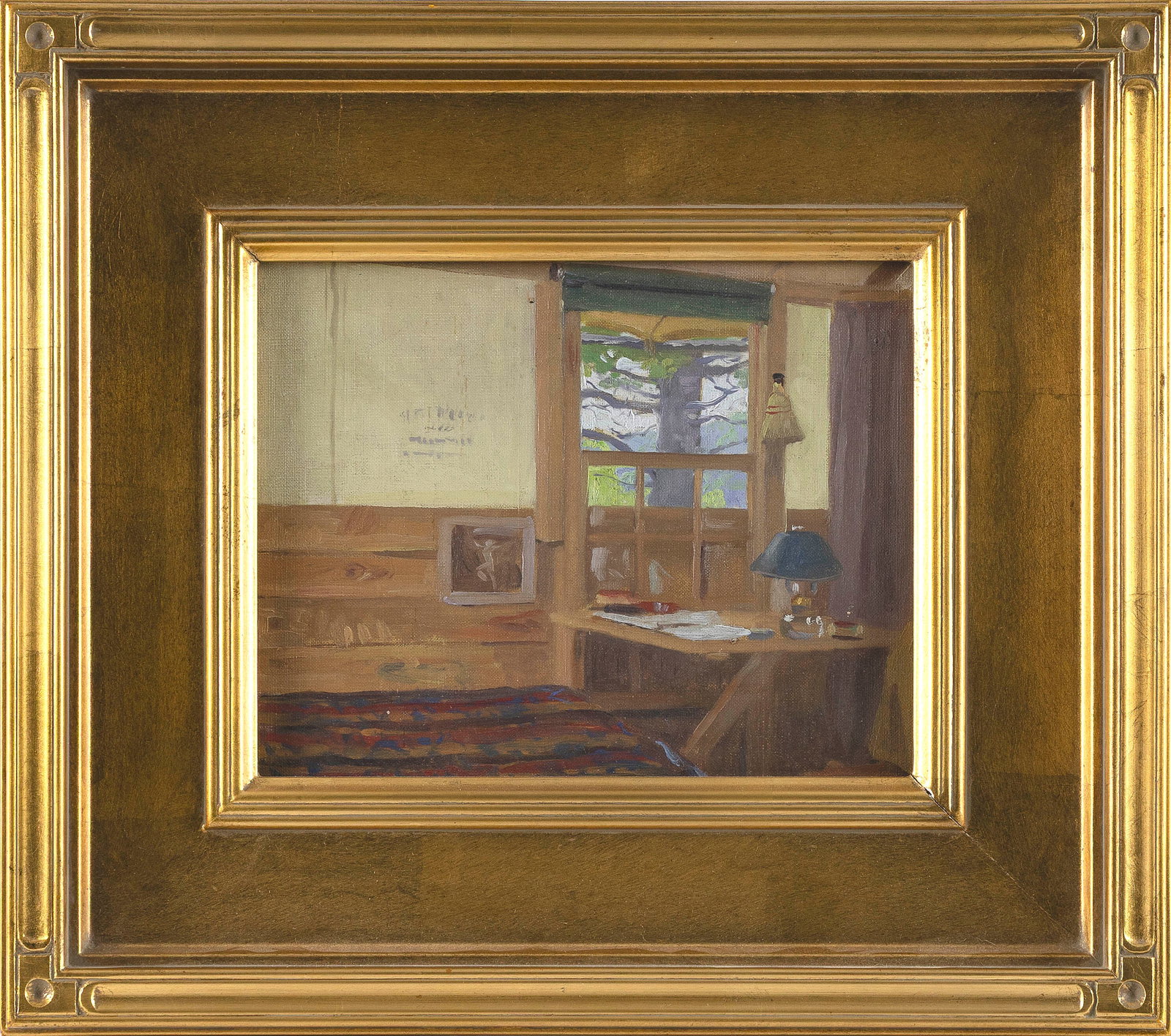 NORWOOD HODGE MACGILVARY (Thailand/Pennsylvania/New York, 1874-1949/50), "Cabin in the Woods"., Oil: NORWOOD HODGE MACGILVARY Thailand/Pennsylvania/New York, 1874-1949/50 "Cabin in the Woods". Unsigned. Artist identified and titled on Providence Art Club label verso. Oil on board, 8" x 10". Framed 14