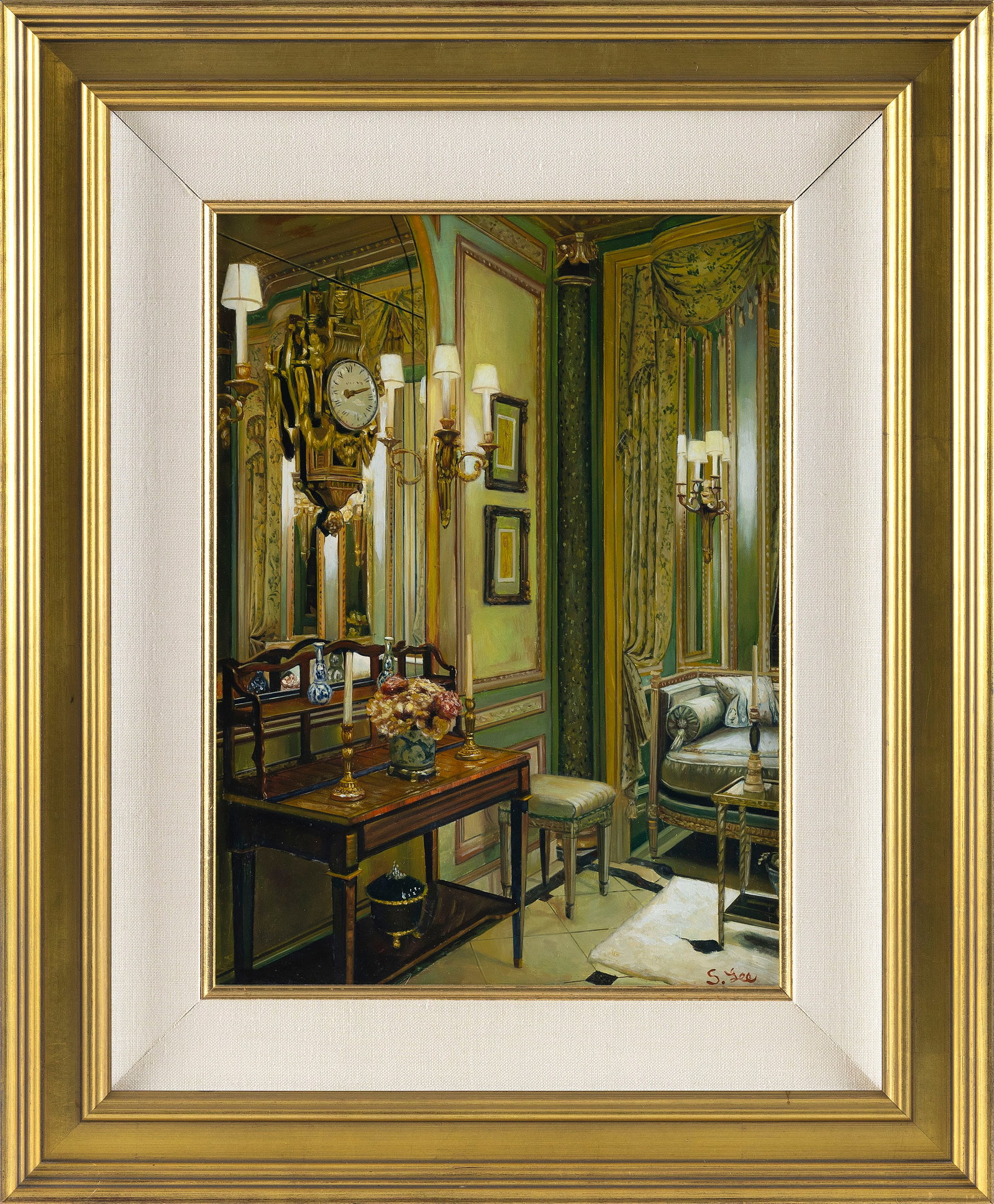 S.H. LEE (China, 1944-), Interior scene., Oil on panel, 15" x 11". Framed 23.5" x 19".: S.H. LEE China, 1944- Interior scene. Signed lower right "S.H. Lee". Oil on panel, 15" x 11". Framed 23.5" x 19".