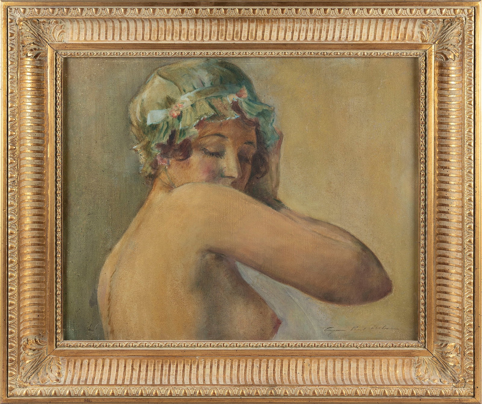 EUGENE PAUL ULLMAN (New York/France, 1877-1953), Female nude wearing a cap., Oil on canvas, 18" x: EUGENE PAUL ULLMAN New York/France, 1877-1953 Female nude wearing a cap. Signed lower right "Eugene Paul Ullman". Oil on canvas, 18" x 22". Framed 24" x 28".