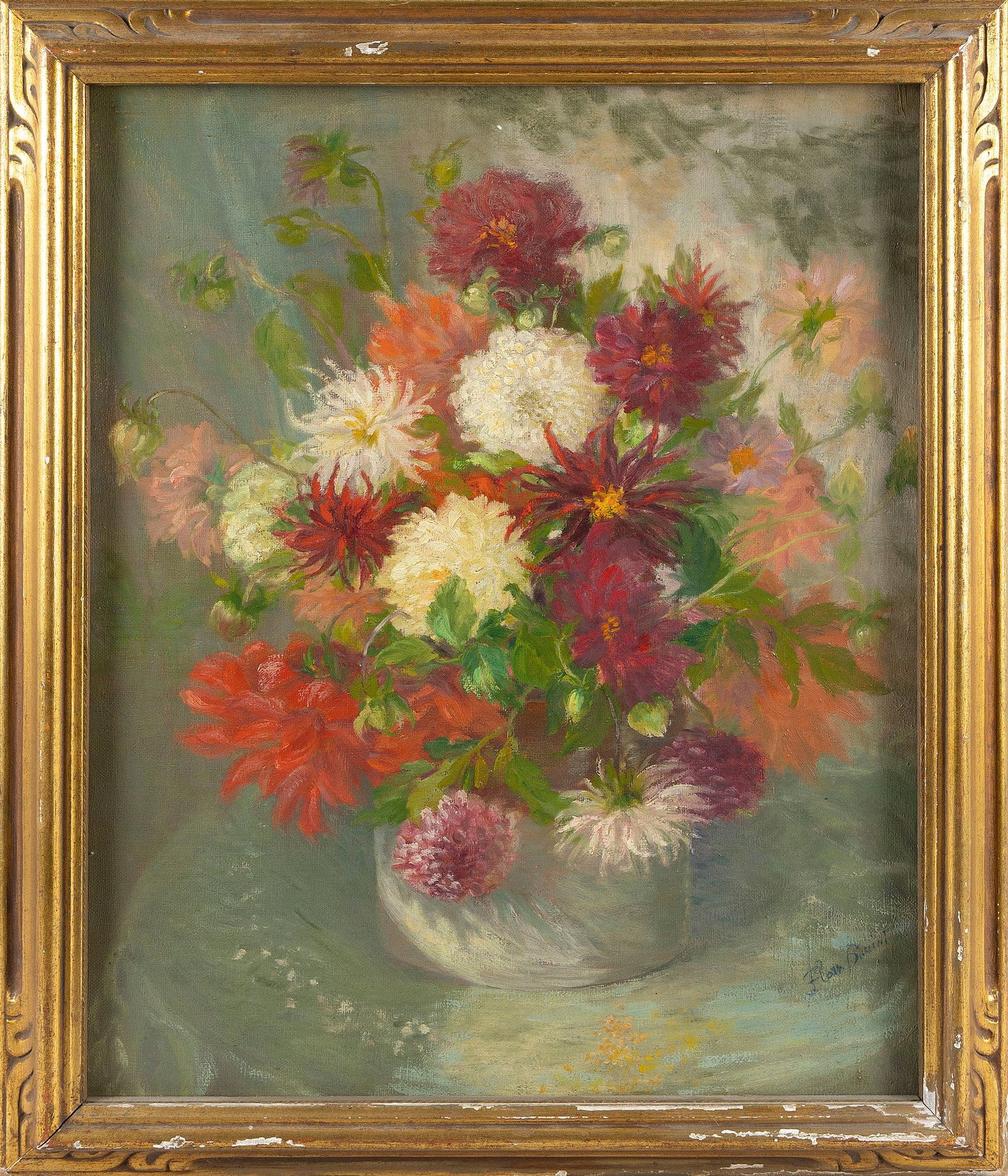 FLORA BUCCINI (New York, 20th Century), Still life of red, purple and pink flowers., Oil on canvas, (1 of 1)