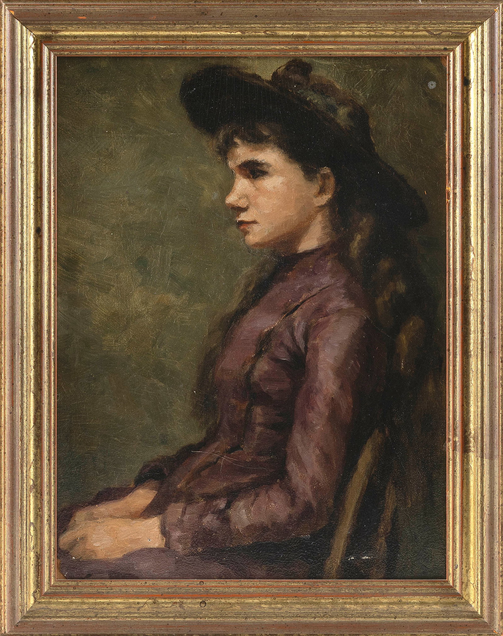 AMERICAN SCHOOL (Early 20th Century,), Profile portrait of a young lady., Oil on board, 12" x 9". (1 of 1)