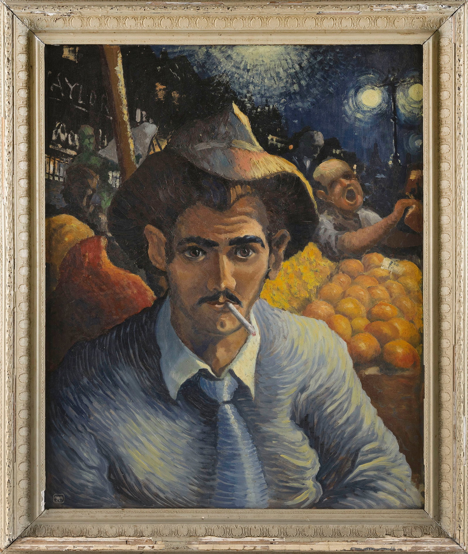 AMERICAN SCHOOL (20th Century,), Portrait of a man by a fruit market stall, in the style of Van: AMERICAN SCHOOL 20th Century Portrait of a man by a fruit market stall, in the style of Van Gogh. Signed lower left with a crab mark. Oil on masonite, 28" x 23". Framed 33" x 27.5".