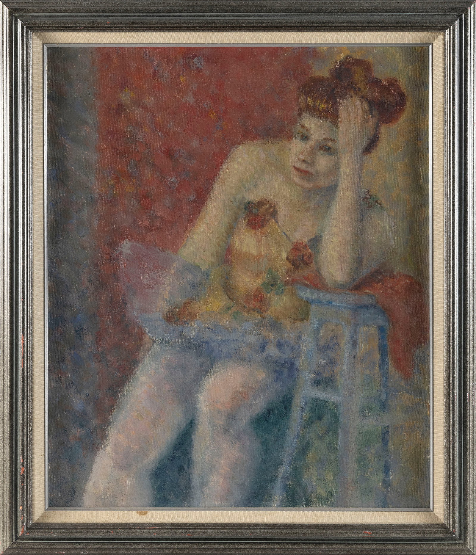 AMERICAN SCHOOL (20th Century,), Portrait of a female dancer resting her head in her hand., Oil on: AMERICAN SCHOOL 20th Century Portrait of a female dancer resting her head in her hand. Unsigned. Oil on canvas, 24" x 20". Framed 30" x 24".