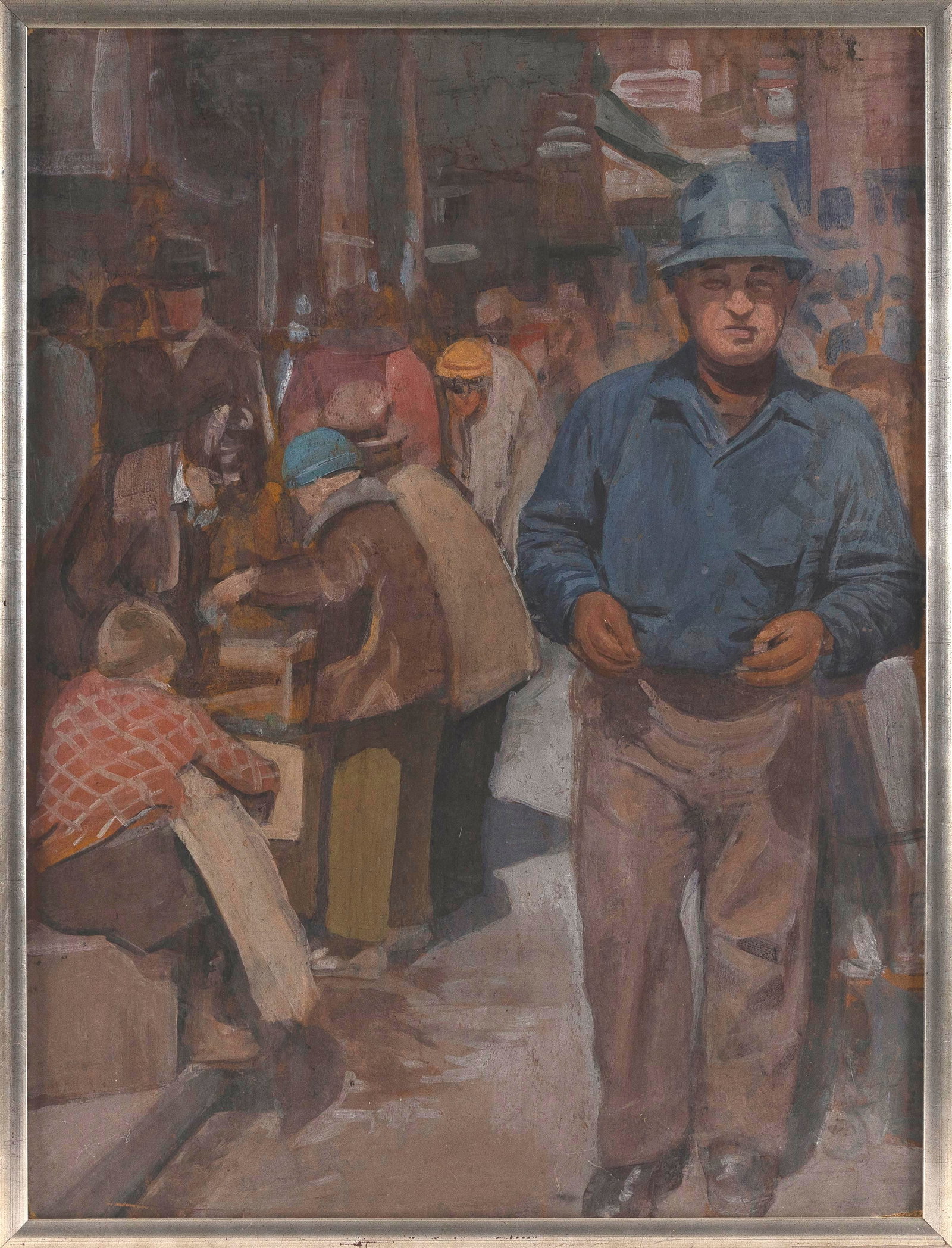 DONALD GORDON SQUIER (Massachusetts, 1895-1987), Market scene., Oil on board, 32" x 24". Framed 33": DONALD GORDON SQUIER Massachusetts, 1895-1987 Market scene. Signed verso "D.G. Squier". Oil on board, 32" x 24". Framed 33" x 25".