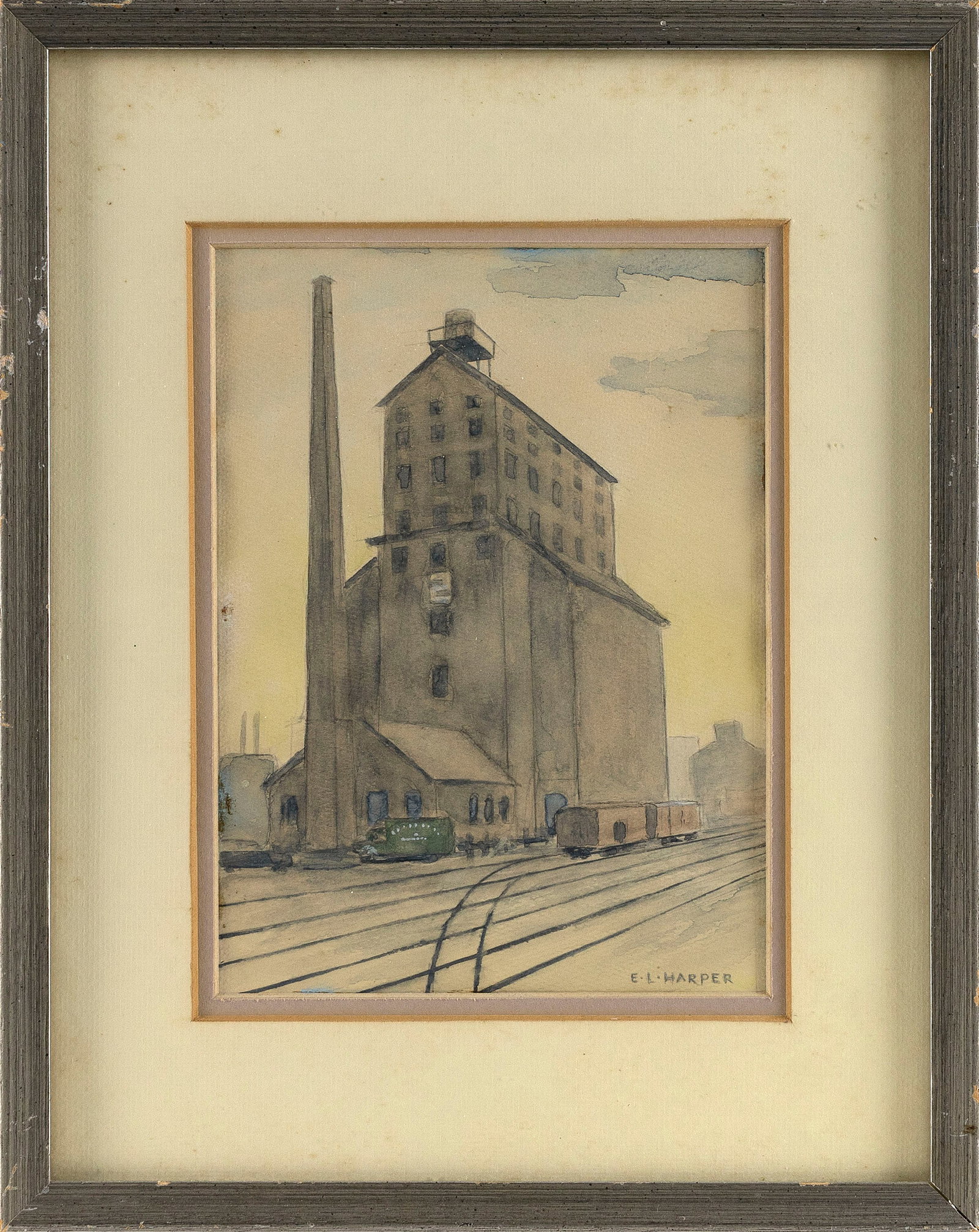 E.L. HARPER (Maryland, 20th Century), "Monument Street Grain Elevator, Early Evening"., Watercolor, (1 of 2)