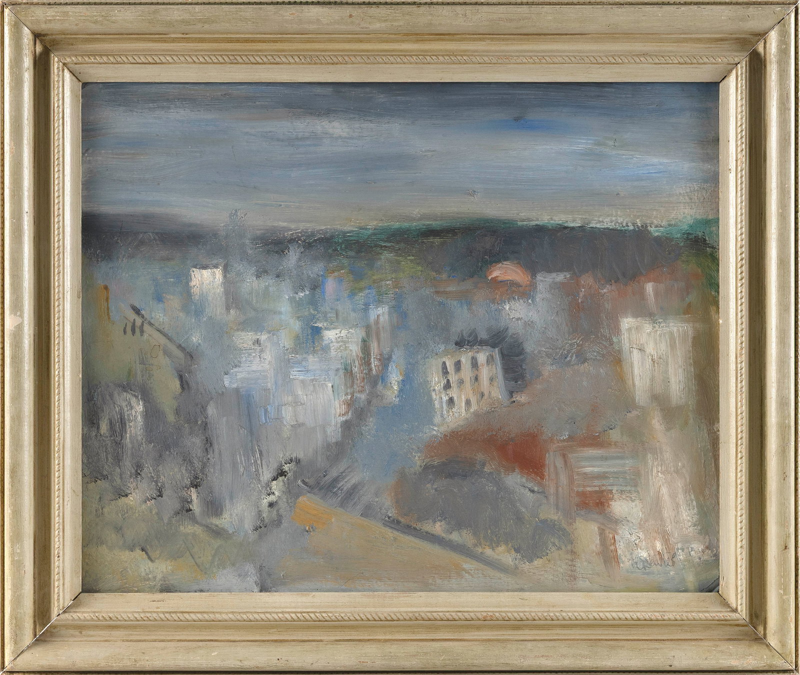 HAROLD CHRISTOPHER DAVIES (California, 1891-1976), Cityscape., Oil on canvas board, 16" x 20".: HAROLD CHRISTOPHER DAVIES California, 1891-1976 Cityscape. Signed lower right "Davies". Artist stamp verso. Oil on canvas board, 16" x 20". Framed 20.5" x 24.5".