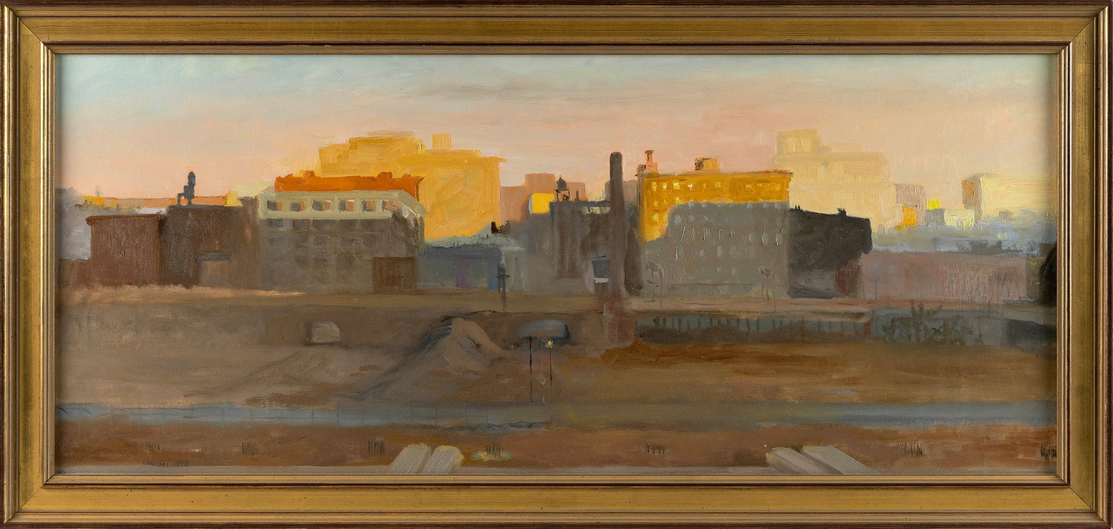 GIOVANNI CASADEI (America, 1956-), Philadelphia convention center site., Oil on canvas, 16" x 37".: GIOVANNI CASADEI America, 1956- Philadelphia convention center site. Signed and dated lower left "Casadei 1990". Oil on canvas, 16" x 37". Framed 20" x 42".