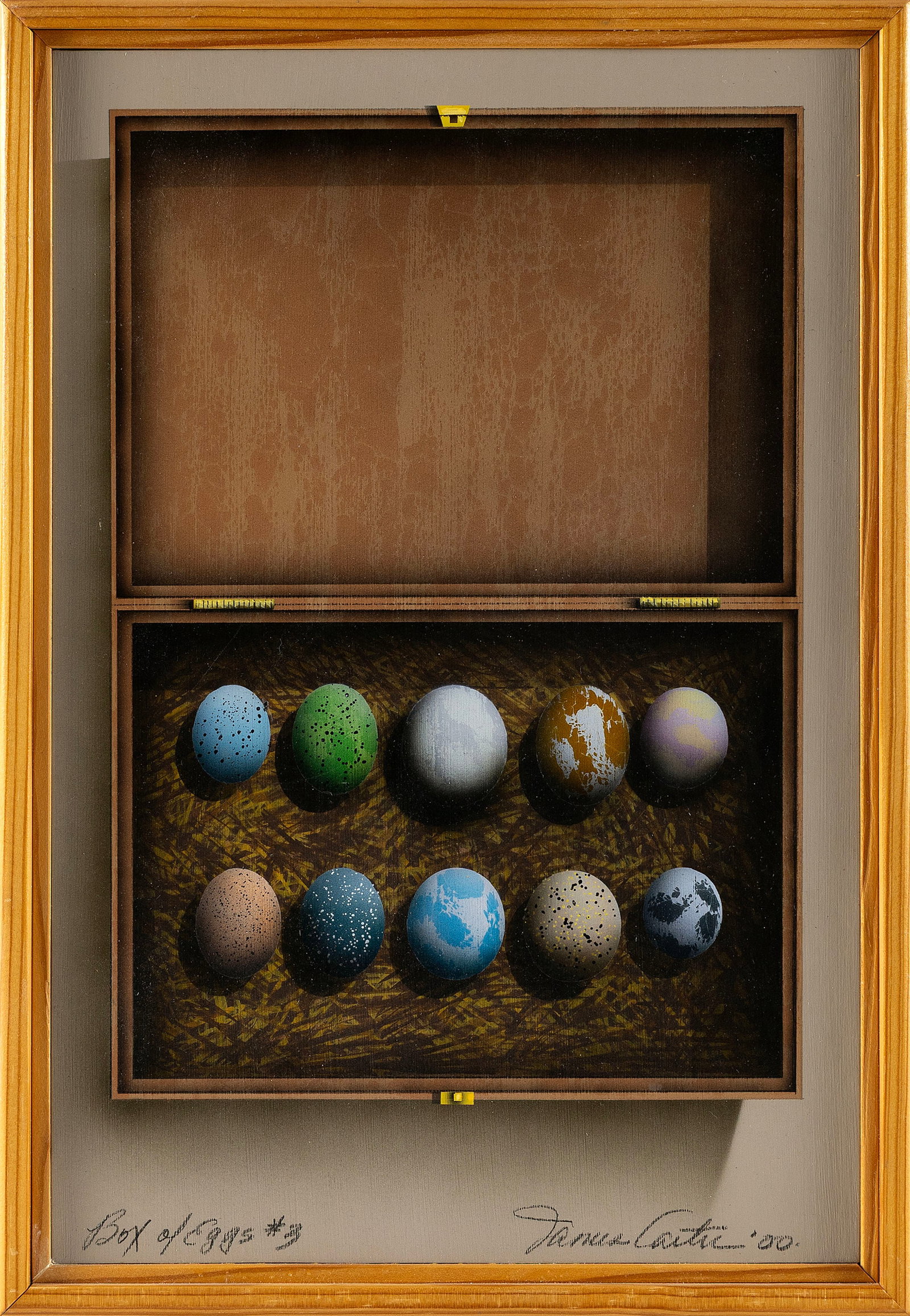 JAMES CARTER (Connecticut, 1948-), "Box of Eggs #3", Acrylic on panel,15" x 10". Framed 16.5" x (1 of 2)
