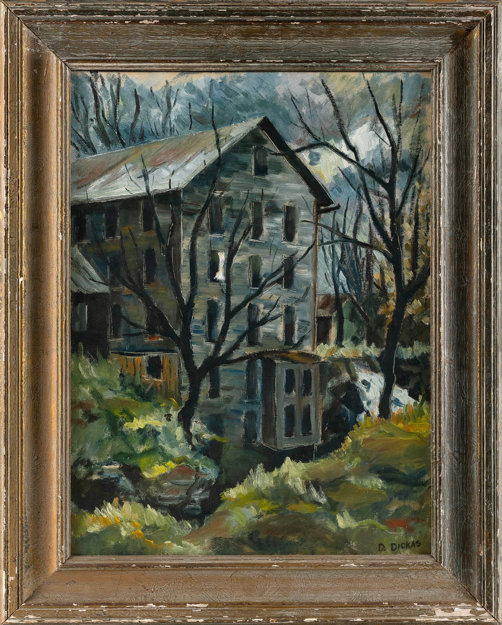 D. DICKAS (America, 20th Century), Mill building on a river., Oil on board, 24" x 18". Framed 32" x: D. DICKAS America, 20th Century Mill building on a river. Signed lower right "D. Dickas". Oil on board, 24" x 18". Framed 32" x 26".