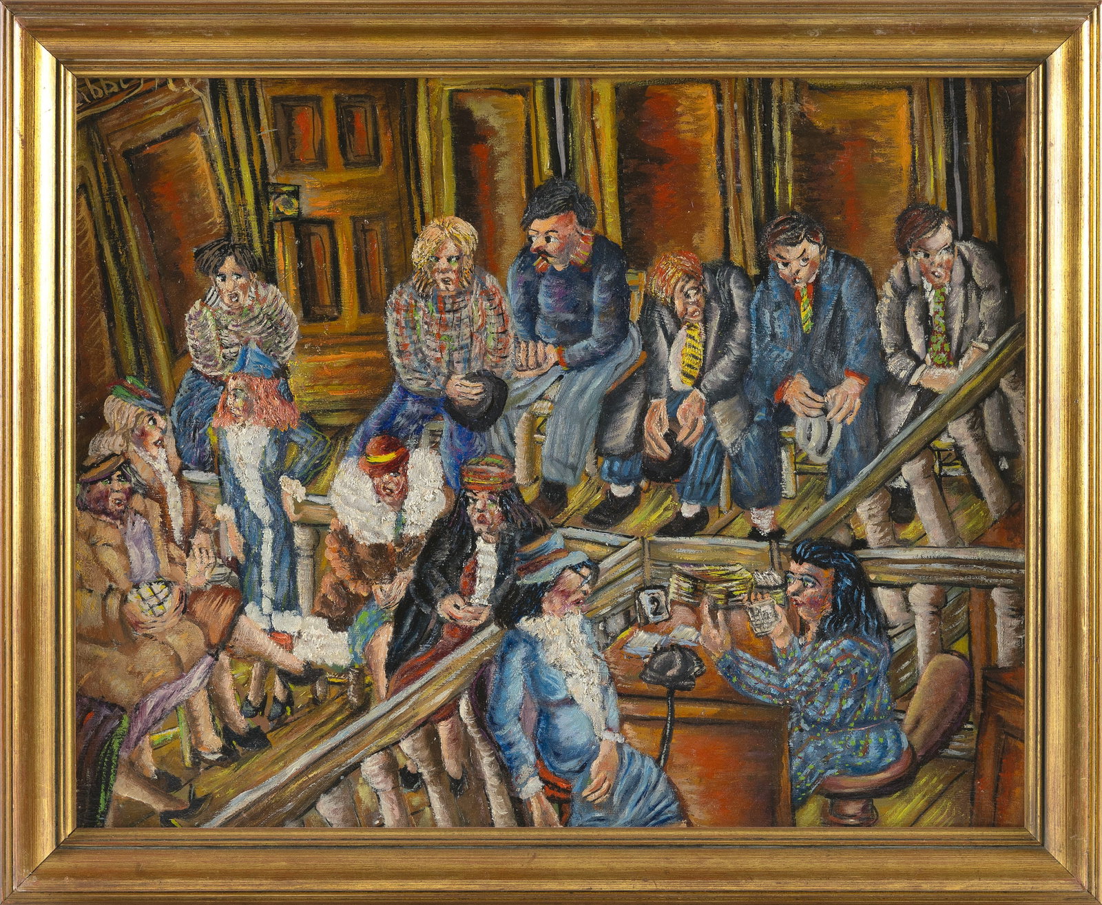 NIBERG ABBEY (New York, 20th Century), New York interior scene with figures., Oil on canvas, 19" x: NIBERG ABBEY New York, 20th Century New York interior scene with figures. Signed upper left "Niberg". Oil on canvas, 19" x 24". Framed 22.5" x 27.5".