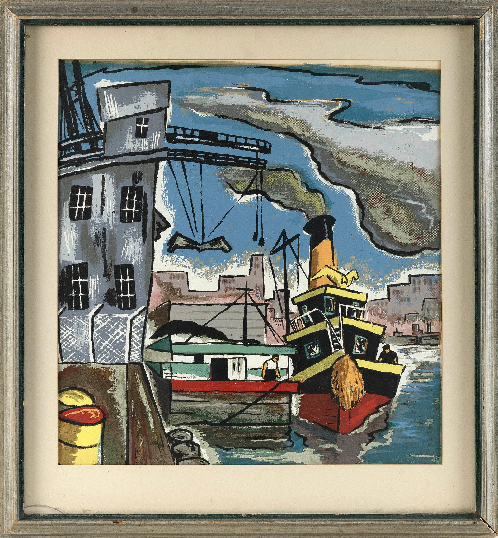 JACOB LANDAU (New Jersey, 1917-2001), Tug at dock., Gouache on board, 16" x 15" sight. Framed 22" x (1 of 2)