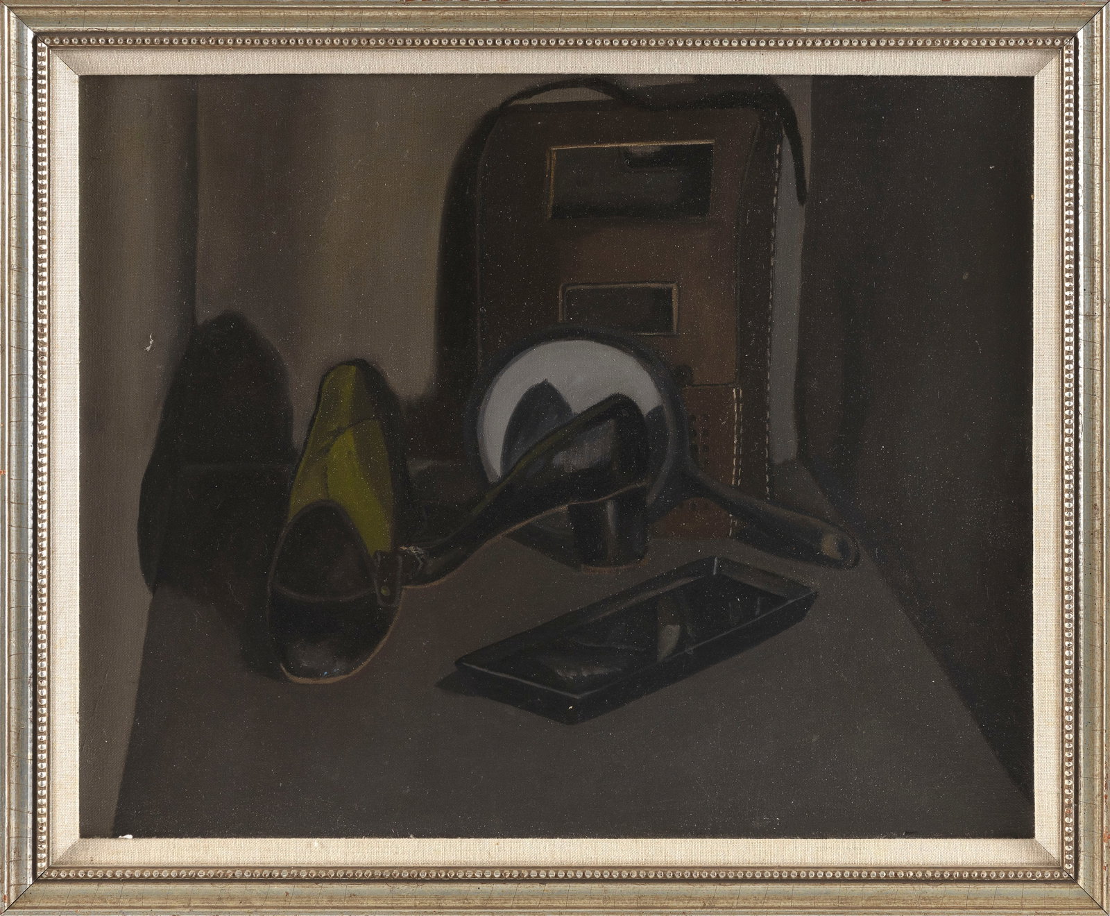 AMERICAN SCHOOL (20th Century,), Still life of a pair of heeled shoes and a hand mirror., Oil on (1 of 2)