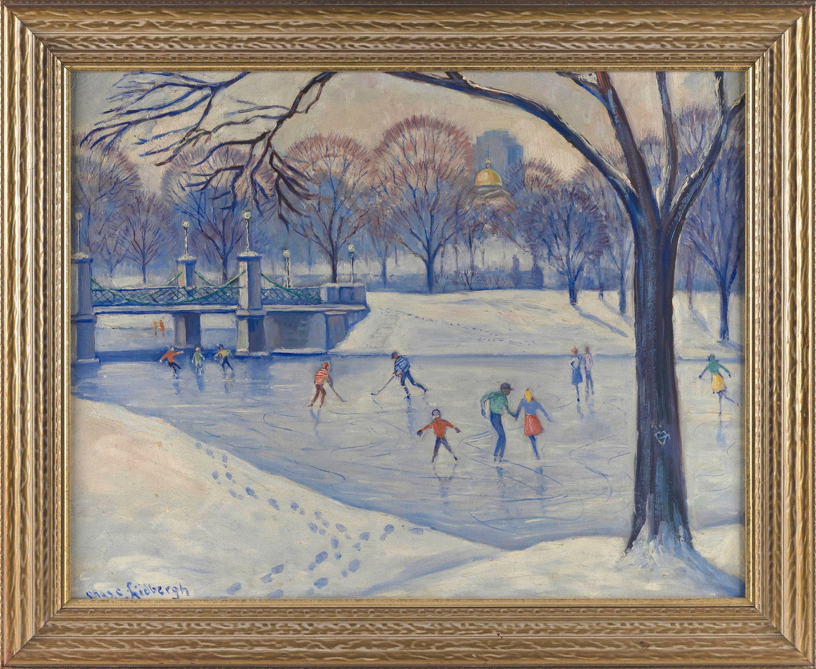CHARLES CLARENCE LIDBERGH (Oregon/New York/Massachusetts, 1902-1972), Ice skating in Boston Public: CHARLES CLARENCE LIDBERGH Oregon/New York/Massachusetts, 1902-1972 Ice skating in Boston Public Garden. Signed lower left "Chas. Lidbergh". Oil on board, 22" x 28". Framed 26.5" x 33.5".