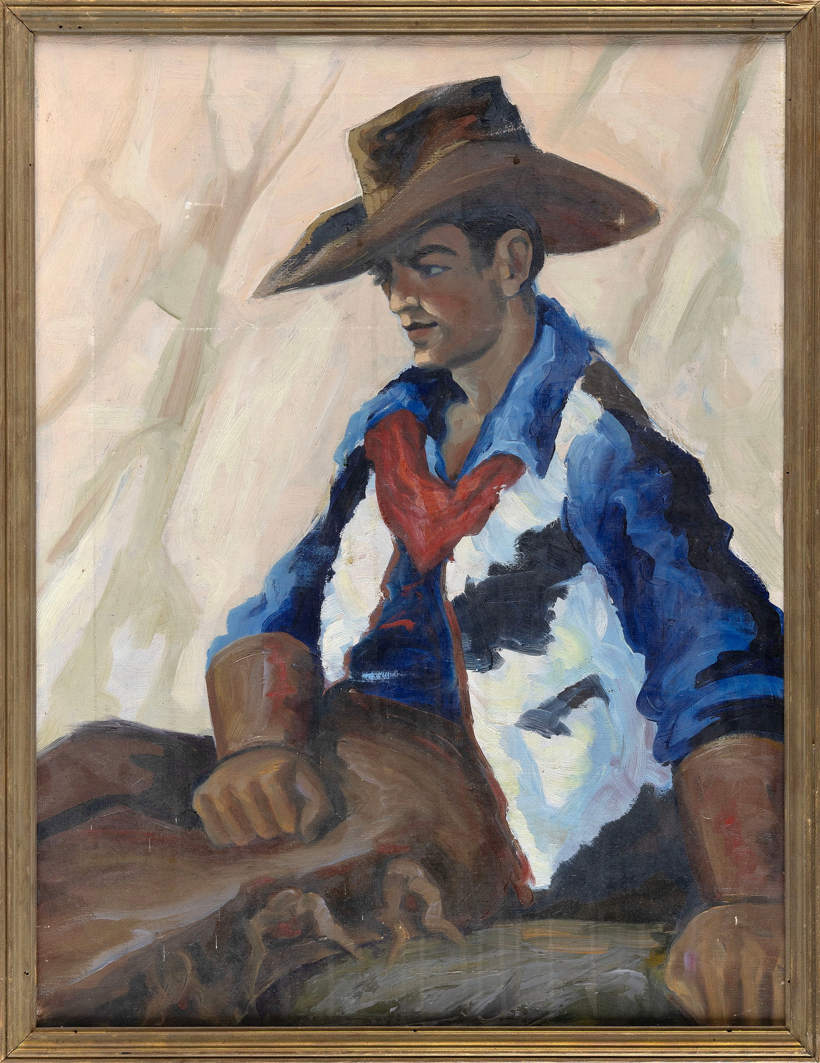 AMERICAN SCHOOL (20th Century,), Cowboy., Oil on canvas, 27" x 20.5". Framed 29" x 22". (1 of 1)