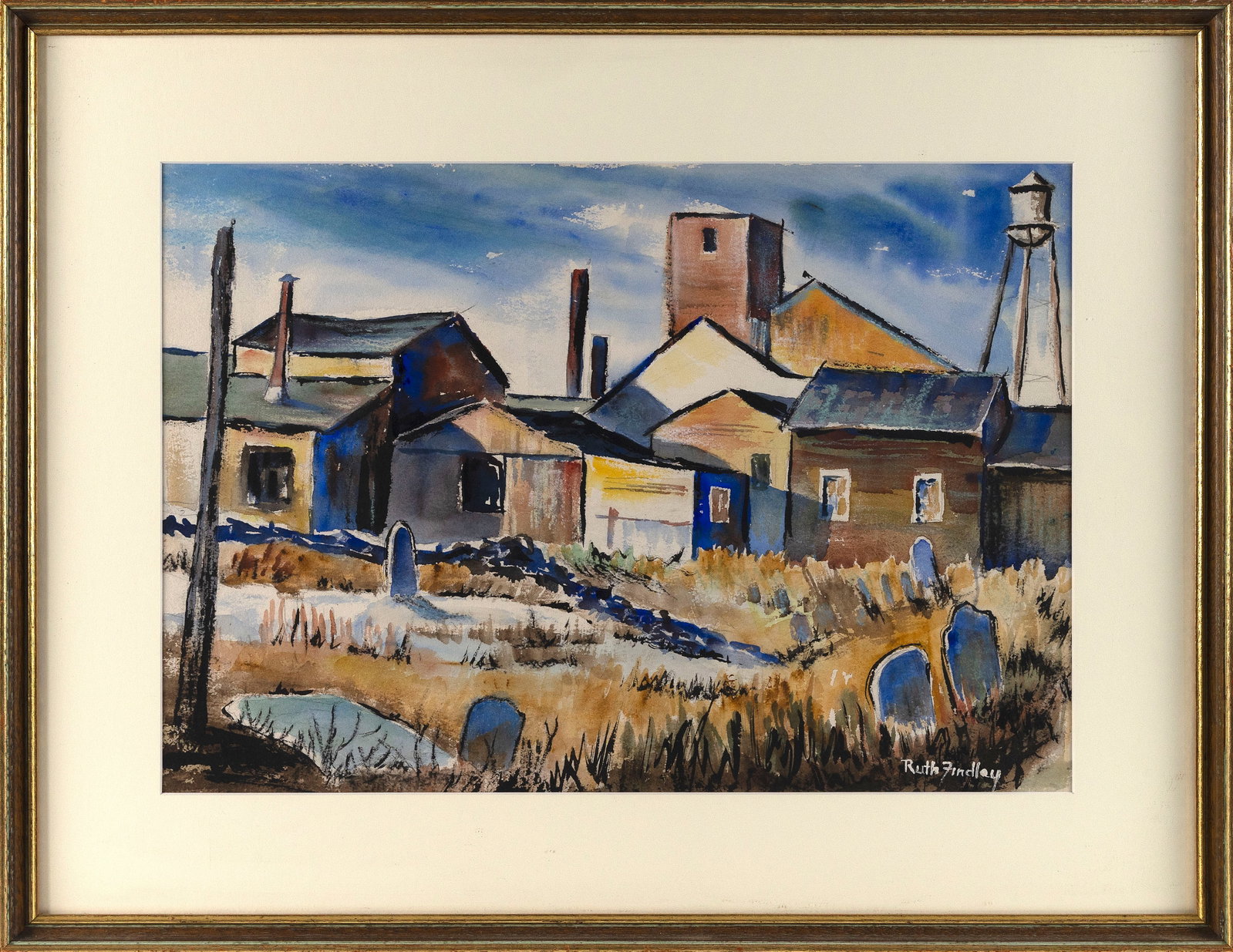 RUTH FINDLEY (America, 20th Century), Rural landscape with buildings, gravestones and a water (1 of 2)