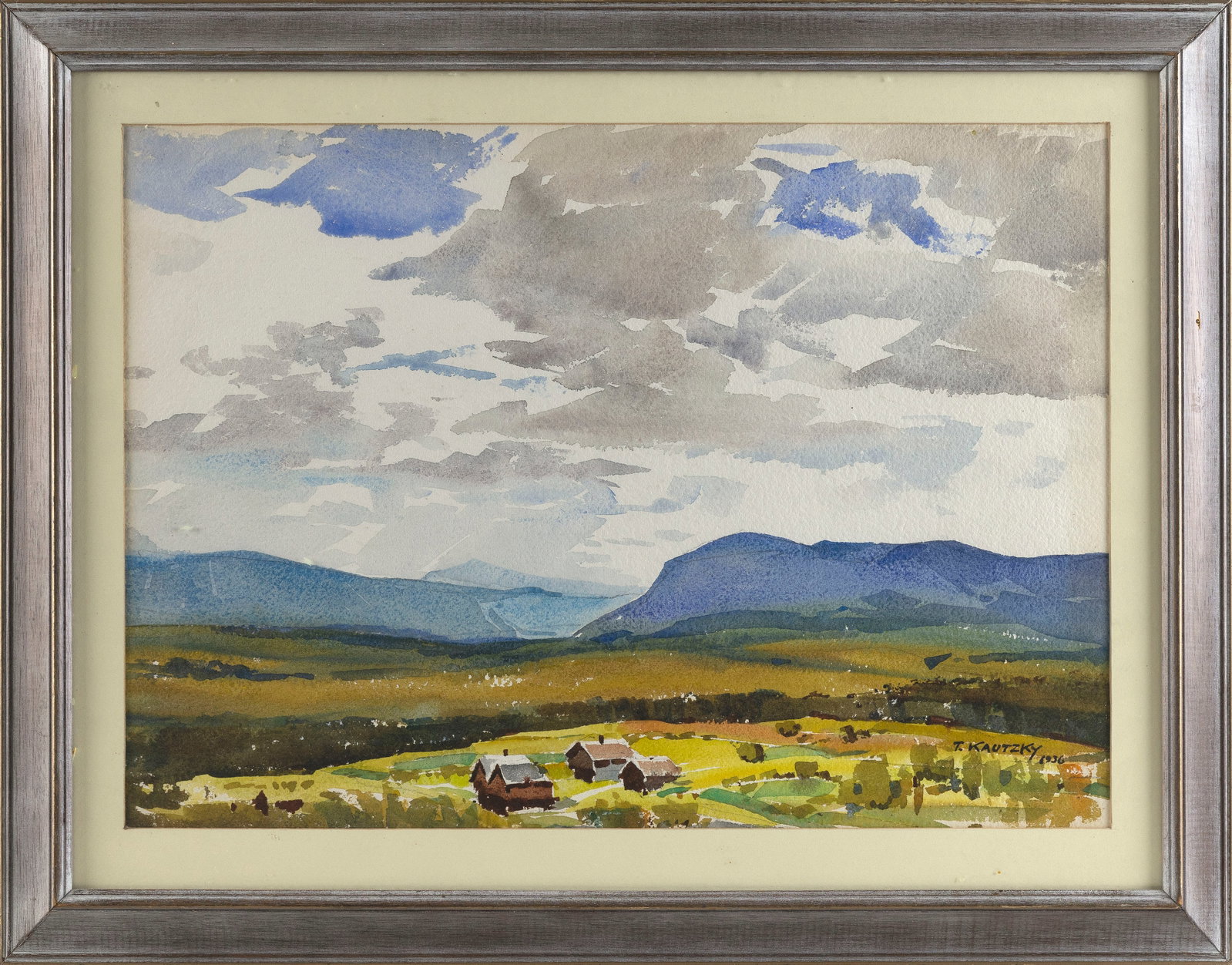 TED KAUTZKY (New York/Hungary, 1896-1953), Farm in a valley., Watercolor, 15" x 21" sight. Framed (1 of 2)