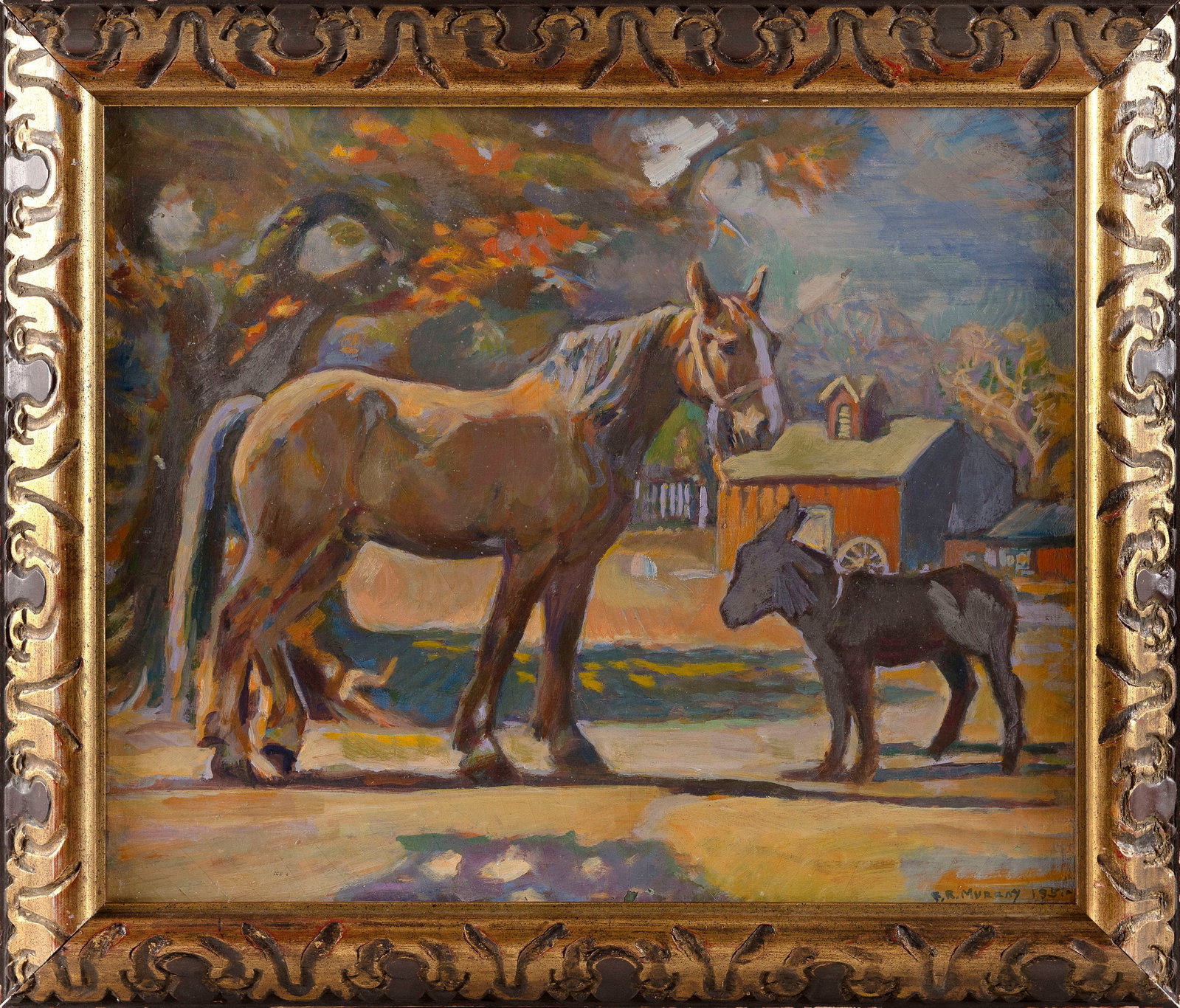 F. RICHARDSON MURRAY (America, 20th Century), Farm scene with a horse and burro., Oil on canvas, 20": F. RICHARDSON MURRAY America, 20th Century Farm scene with a horse and burro. Signed lower right. Oil on canvas, 20" x 24". Framed 25" x 29".