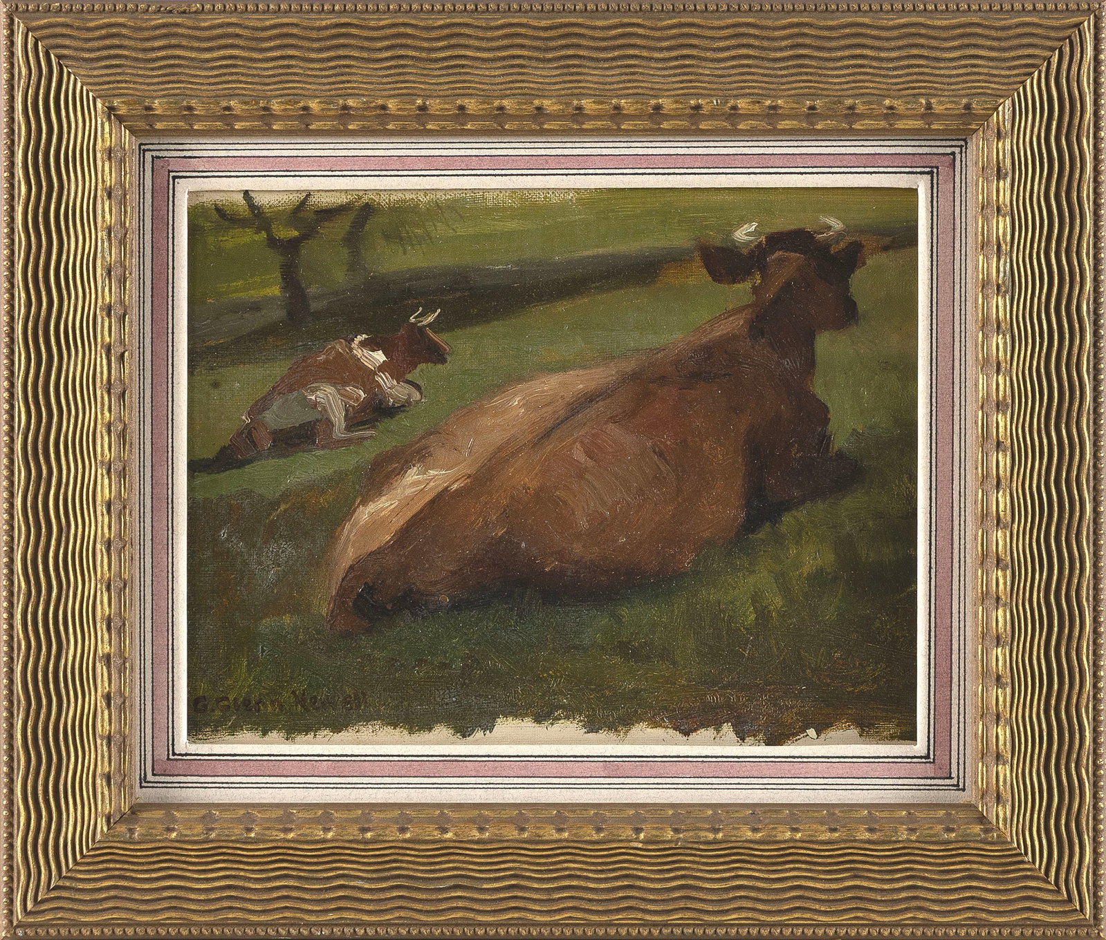 GEORGE GLENN NEWELL (New York/Michigan/Connecticut, 1870-1947), Resting cattle., Oil on canvas, 7" x (1 of 1)