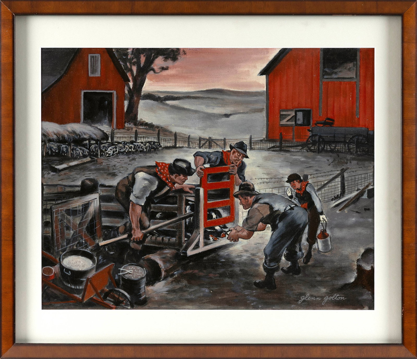 GLENN GOLTON (California, 1897-1988), Farm scene., Oil on board, 13.5" x 17" sight. Framed 19" x: GLENN GOLTON California, 1897-1988 Farm scene. Signed lower right "Glen Golton". Oil on board, 13.5" x 17" sight. Framed 19" x 22".