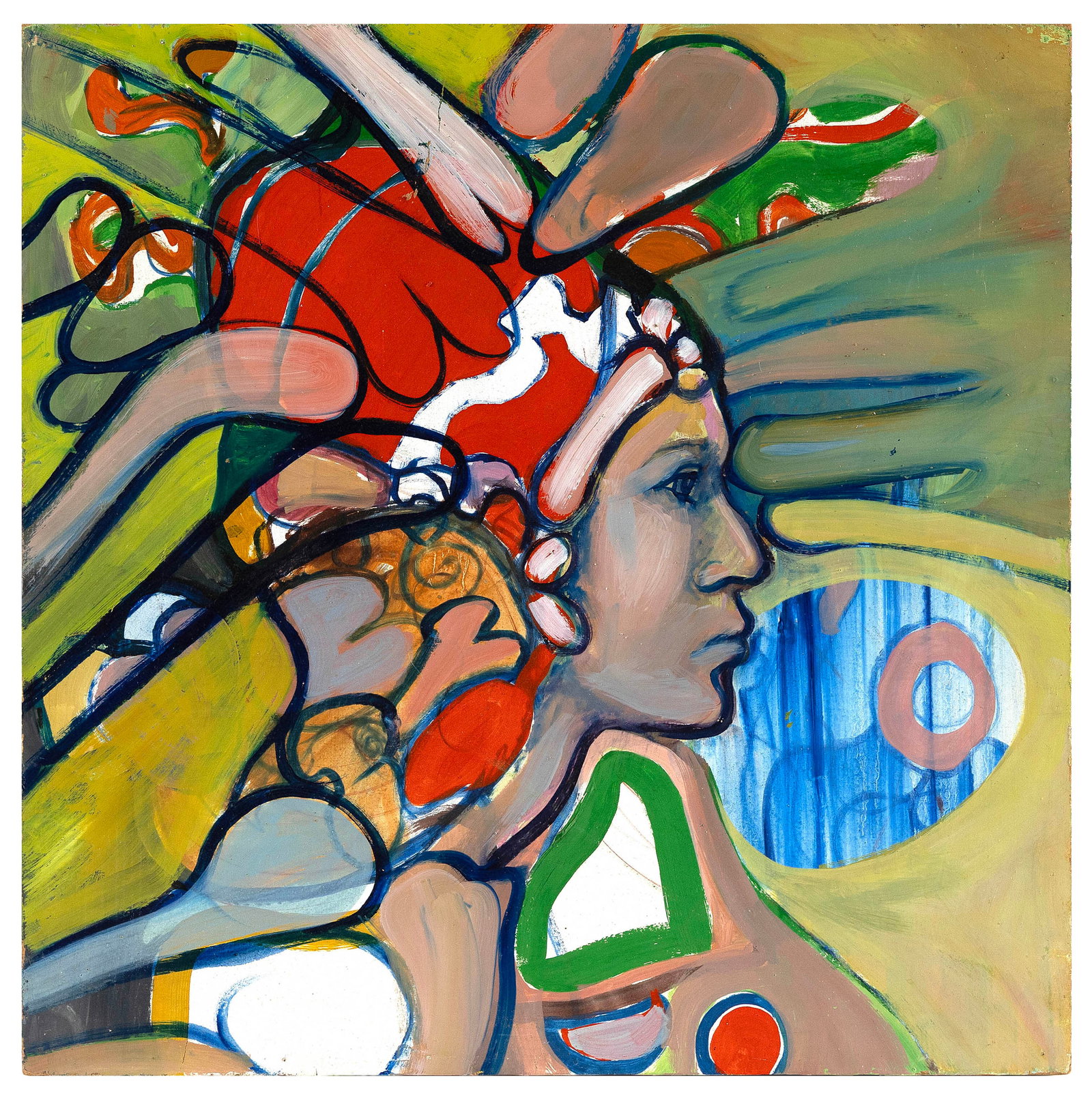 GEORGIA JANNES (America, 20th Century), "Modern Native American Girl"., Oil on masonite, 20" x 20".: GEORGIA JANNES America, 20th Century "Modern Native American Girl". Signed verso "G. Jannes". Titled on stretcher verso. Oil on masonite, 20" x 20". Unframed.