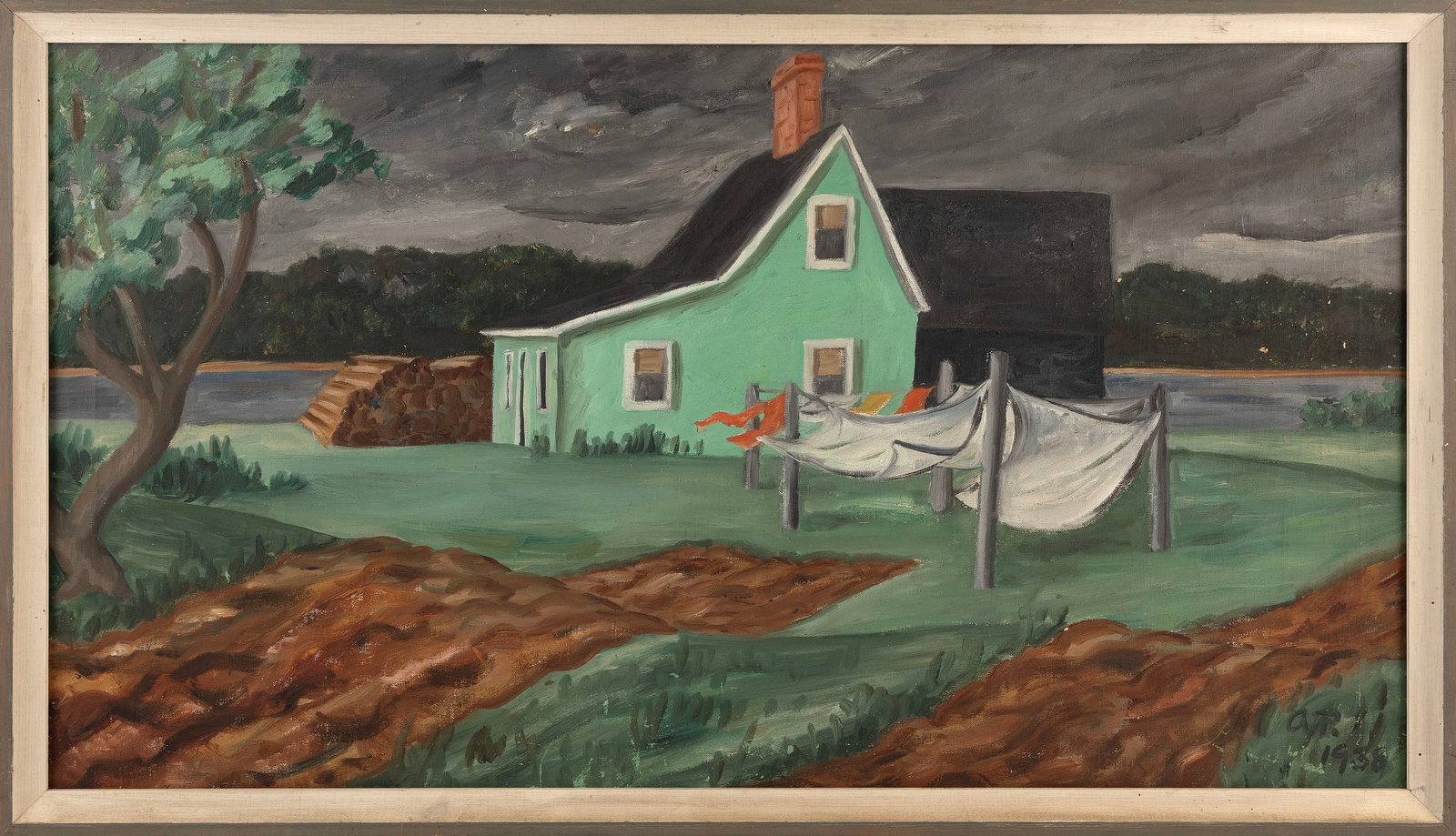 ALZIRA PEIRCE (Montana/New York/Massachusetts, 1908-2010), Laundry day., Oil on canvas, 20" x 36". (1 of 2)