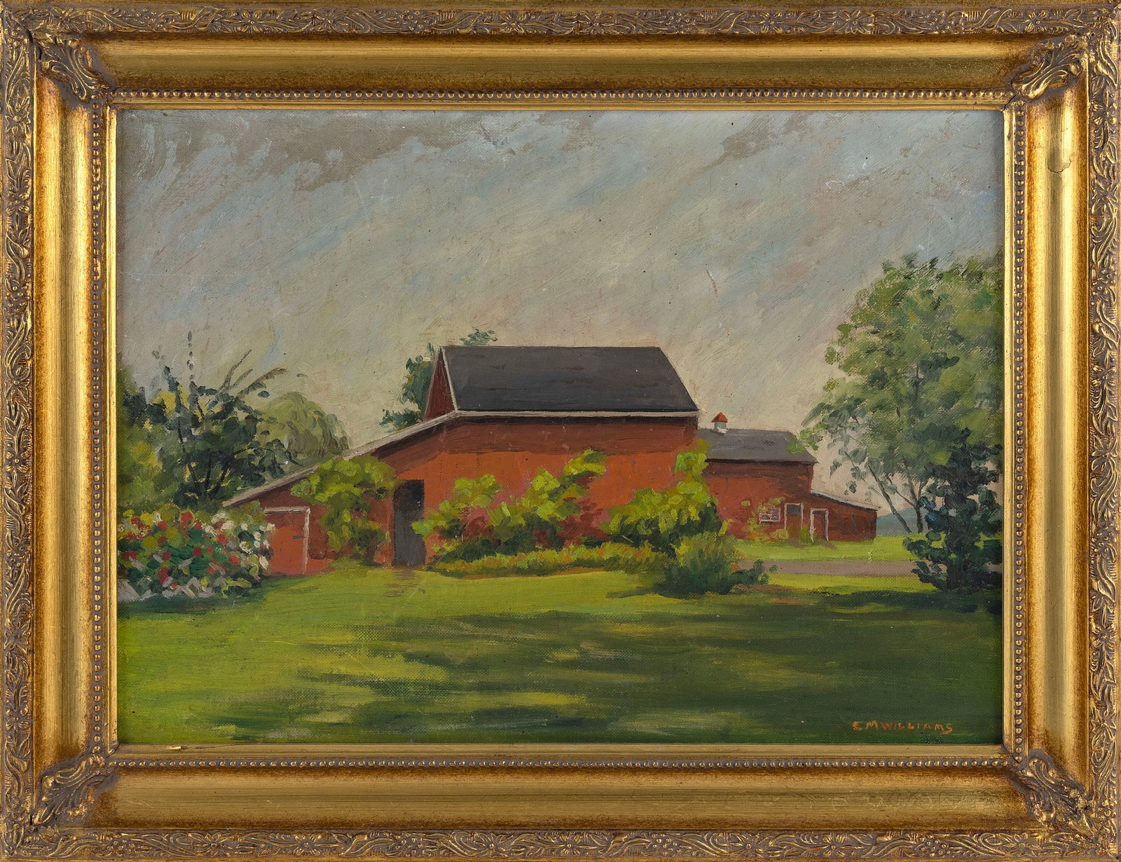 ESTHER MABEL BALDWIN WILLIAMS (Massachusetts/Iowa, 1867-1964), Red barn., Oil on canvas board, 12" x: ESTHER MABEL BALDWIN WILLIAMS Massachusetts/Iowa, 1867-1964 Red barn. Signed lower right "E. Williams". Oil on canvas board, 12" x 16". Framed 15.5" x 19.5".