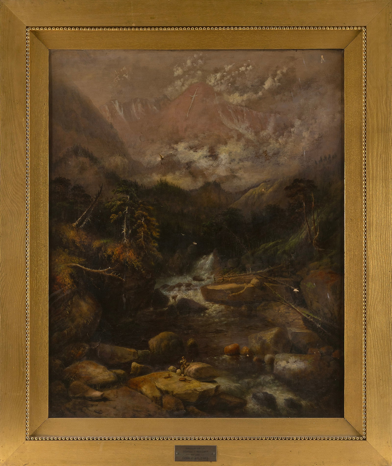 JOSIAH WALCOTT (Massachusetts, 1814-1885), "The Holy Cross of the Sierra Nevada Range of Mt's Cal.",: JOSIAH WALCOTT Massachusetts, 1814-1885 "The Holy Cross of the Sierra Nevada Range of Mt's Cal." Unsigned. Inscribed verso "Painted in 1879 by Josiah Walcott Boston Presented to the Town of Milford Ma
