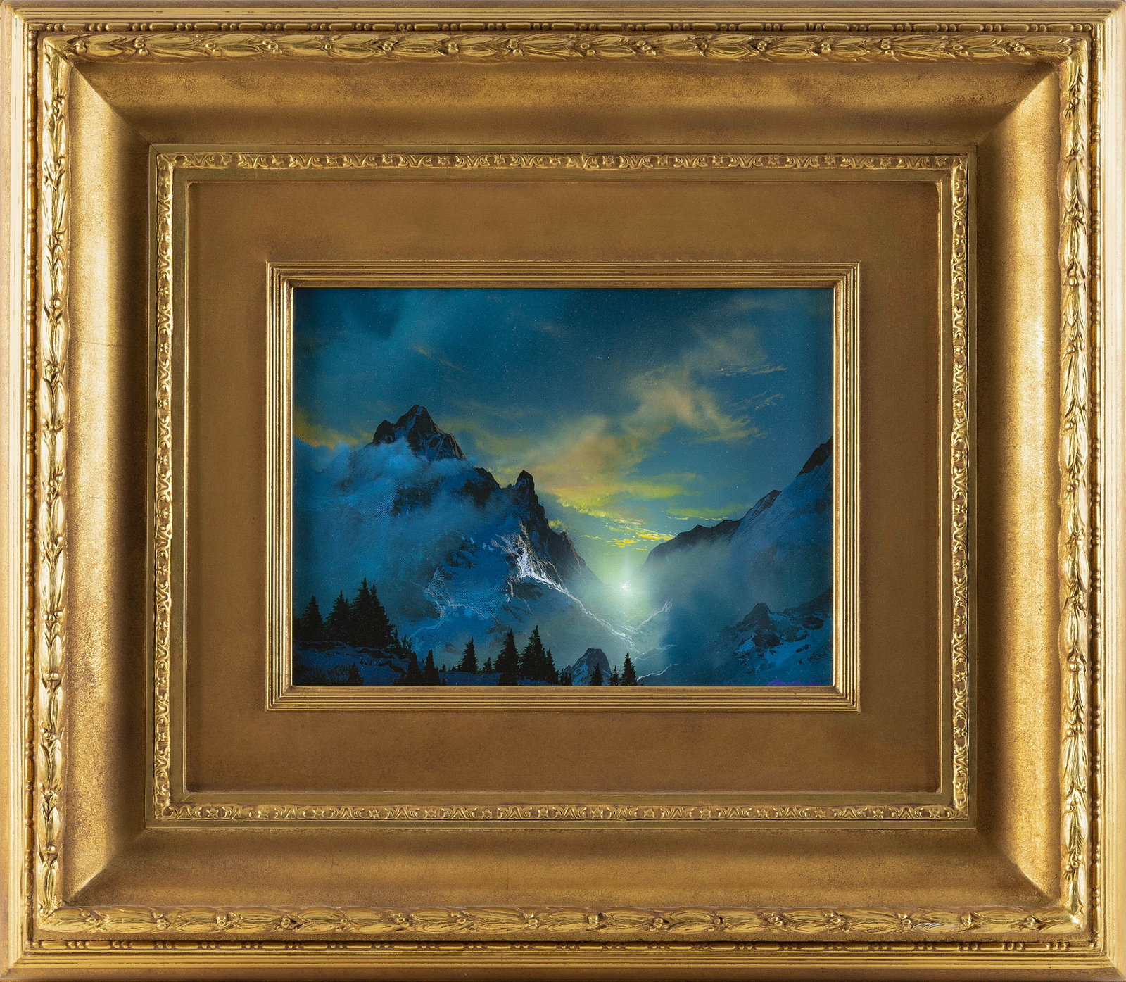 DALE TERBUSH (California/Arizona, 1948-), Dramatic mountain scene., Oil on canvas, 12" x 16". Framed: DALE TERBUSH California/Arizona, 1948- Dramatic mountain scene. Signed lower right. Oil on canvas, 12" x 16". Framed 29" x 33".