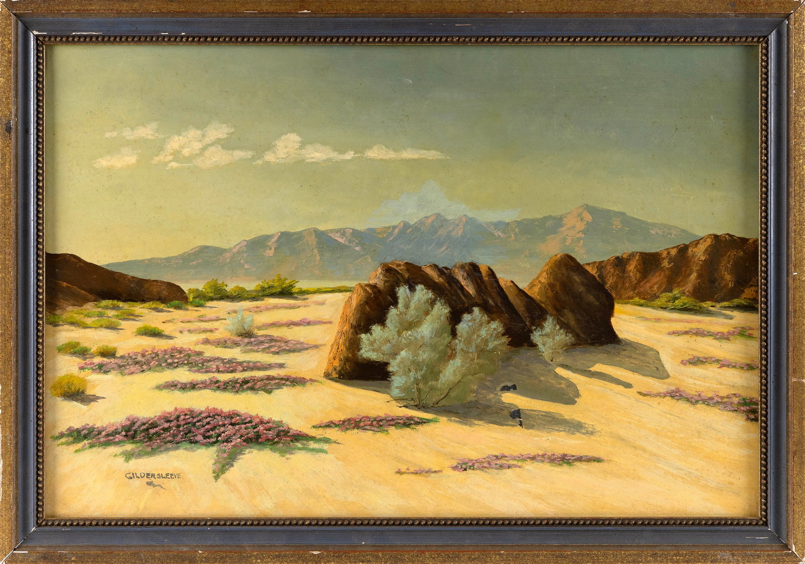 BEATRICE GERBERDING GILDERSLEEVE (California, 1892-1933), California landscape with distant: BEATRICE GERBERDING GILDERSLEEVE California, 1892-1933 California landscape with distant mountains. Signed lower left "Gildersleeve". Oil on board, 16" x 24". Framed 18.5" x 26.5".