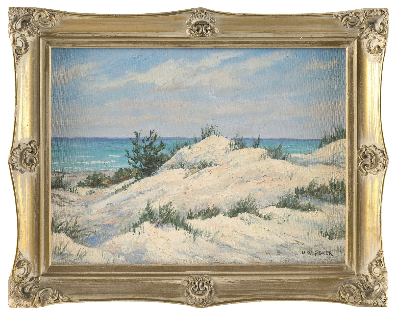 ULRICH W. FISHER (Texas, 1887-1970), Seascape., Oil on panel, 11.5" x 15.5". Framed 16" x 20".: ULRICH W. FISHER Texas, 1887-1970 Seascape. Signed lower right "U. Fisher". Oil on panel, 11.5" x 15.5". Framed 16" x 20".