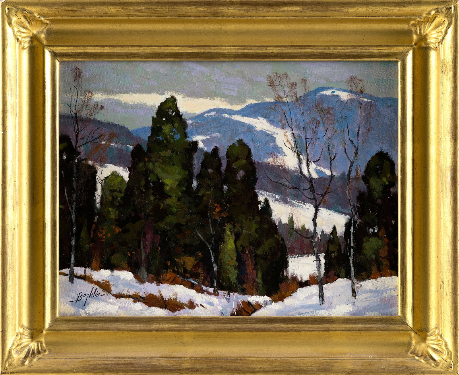 JOHN LEO LOUGHLIN (Massachusetts/Rhode Island, 1931-2004), Winter scene., Oil on canvas, 12" x 16".: JOHN LEO LOUGHLIN Massachusetts/Rhode Island, 1931-2004 Winter scene. Signed lower left "Loughlin". Oil on canvas, 12" x 16". Framed 16.5" x 20.5".