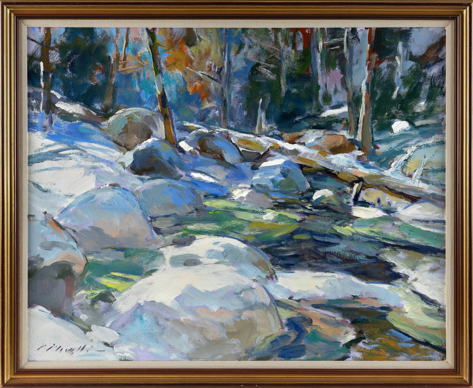 CHARLES J. MOVALLI (Massachusetts/Maine, 1945-2016), Winter stream., Oil on canvas, 24" x 30".: CHARLES J. MOVALLI Massachusetts/Maine, 1945-2016 Winter stream. Signed lower left "Movalli". Oil on canvas, 24" x 30". Framed 27.5" x 33.5".